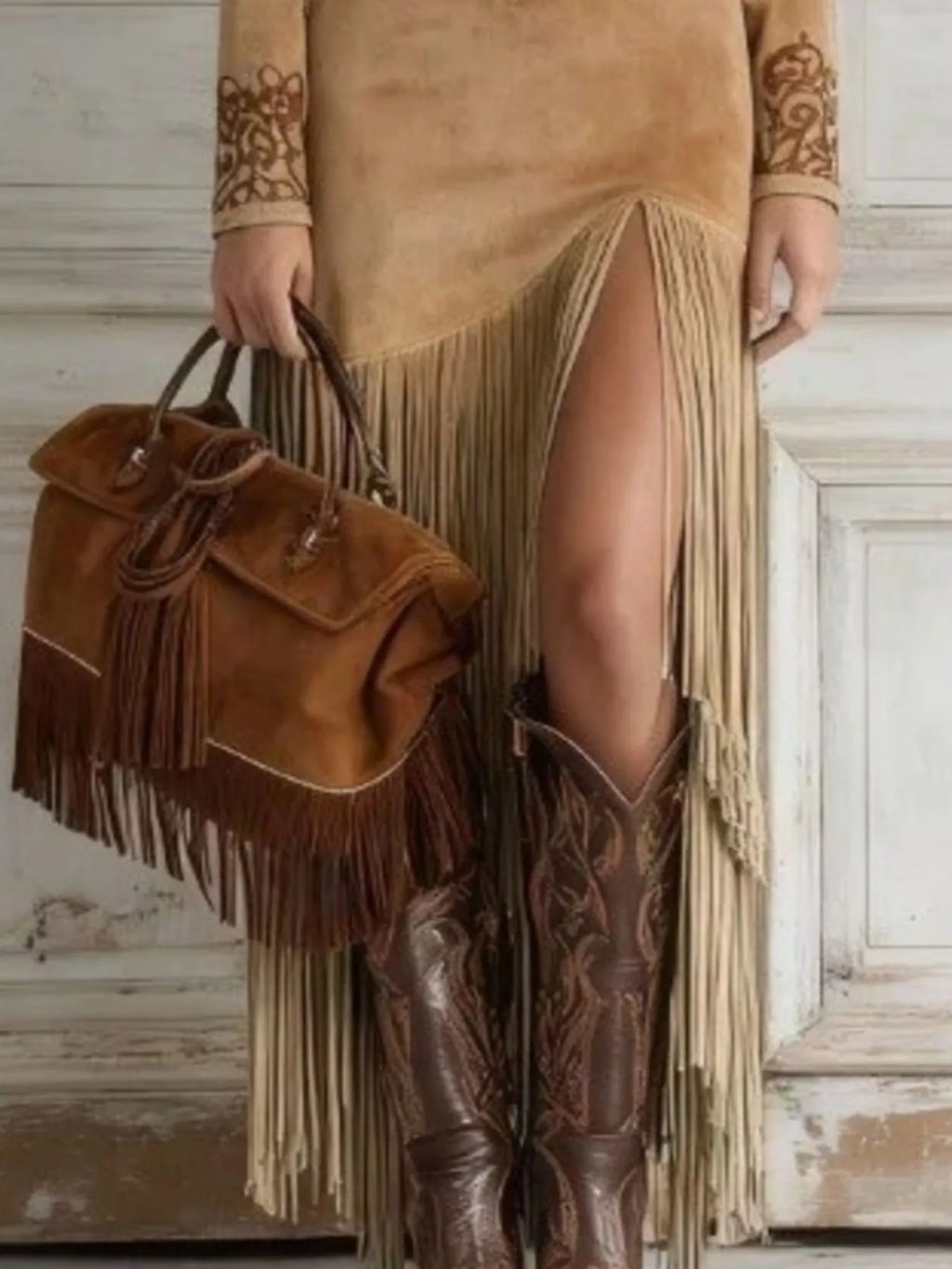 Western Embroidered Faux Suede Fringe Maxi Dress by Belle Bijouix – view 3 of 3