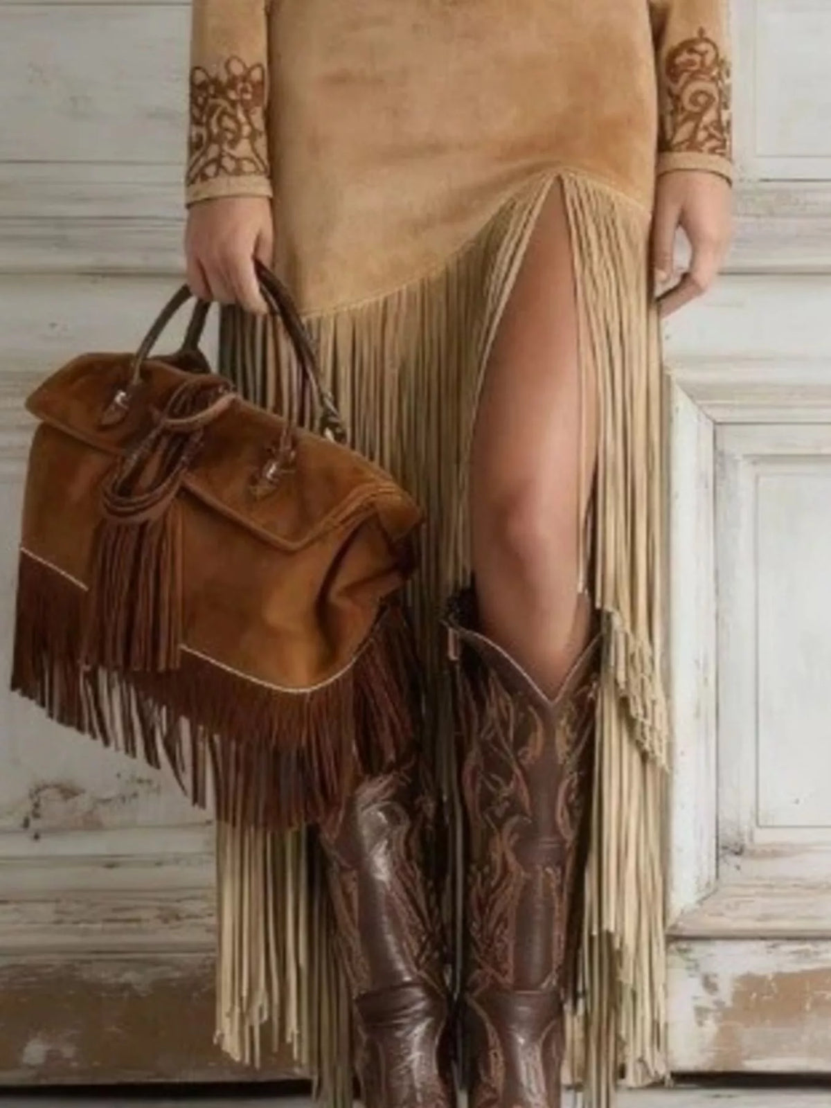Western Embroidered Faux Suede Fringe Maxi Dress by Belle Bijouix – view 3 of 3