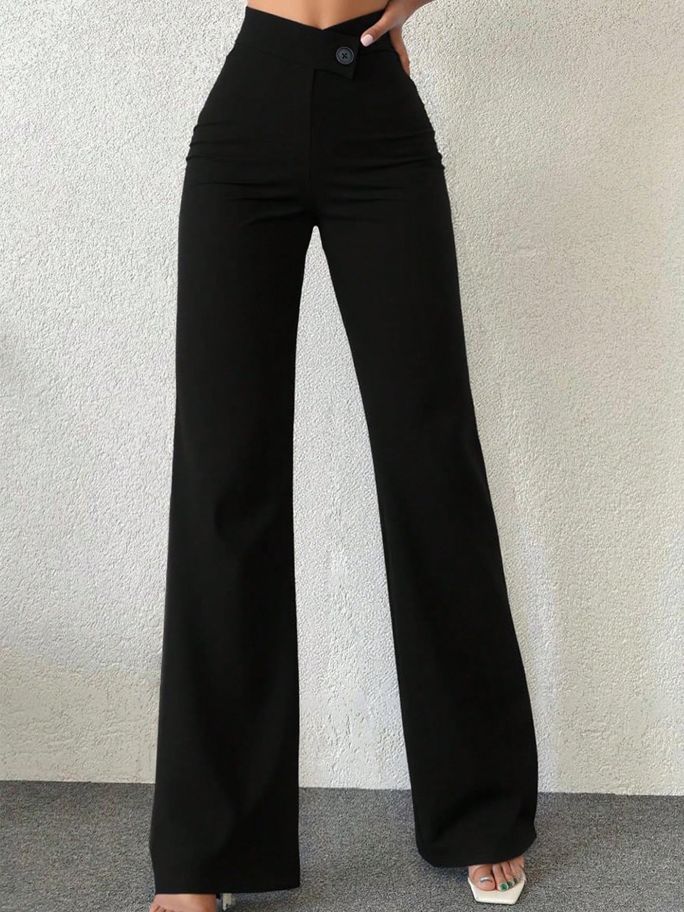 High Waist Wide Leg Pants in black with front button waistband