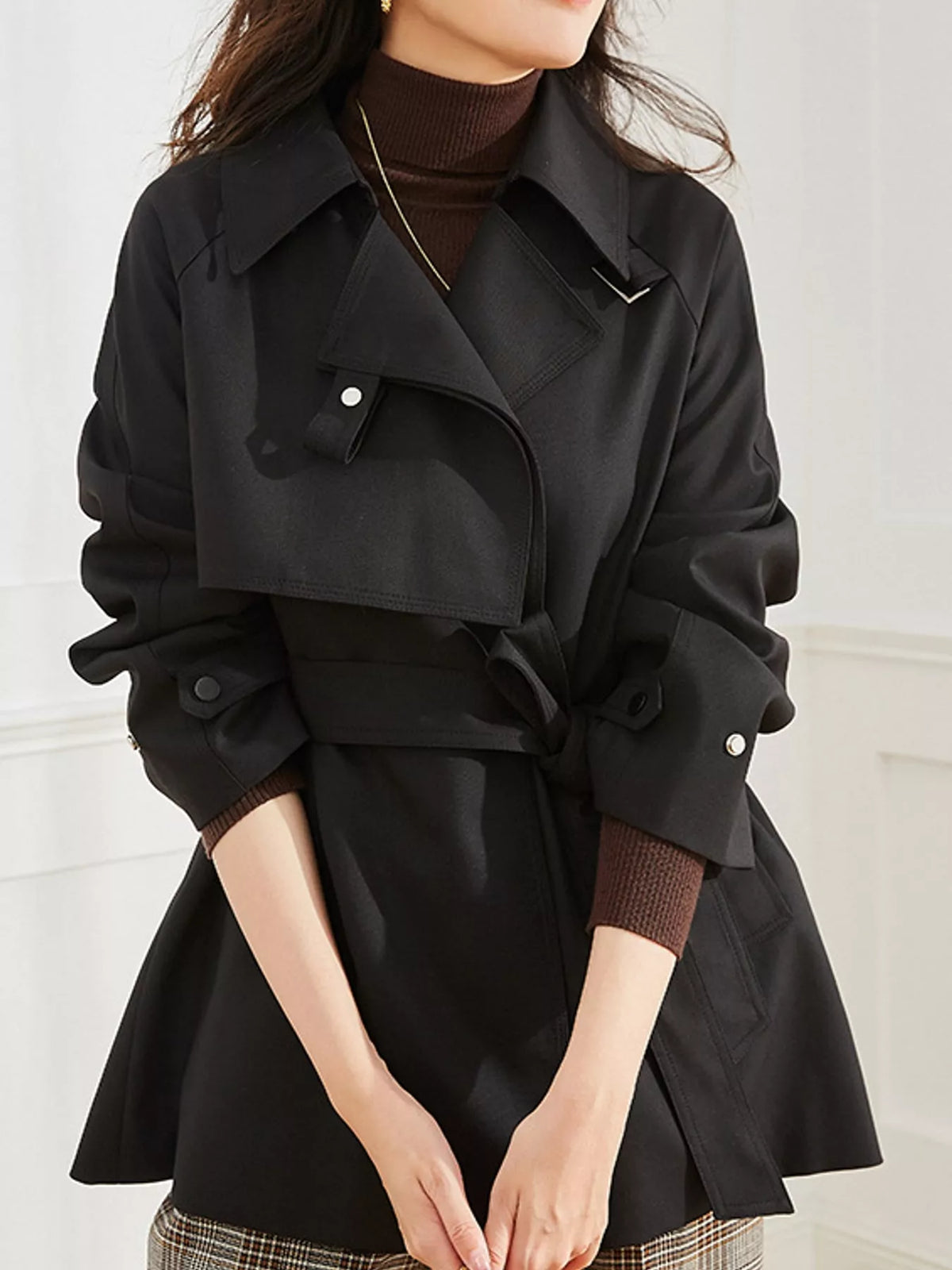 Double-Breasted Tie-Waist Short Trench Coat in Black by Belle Bijouix – view 12 of 20