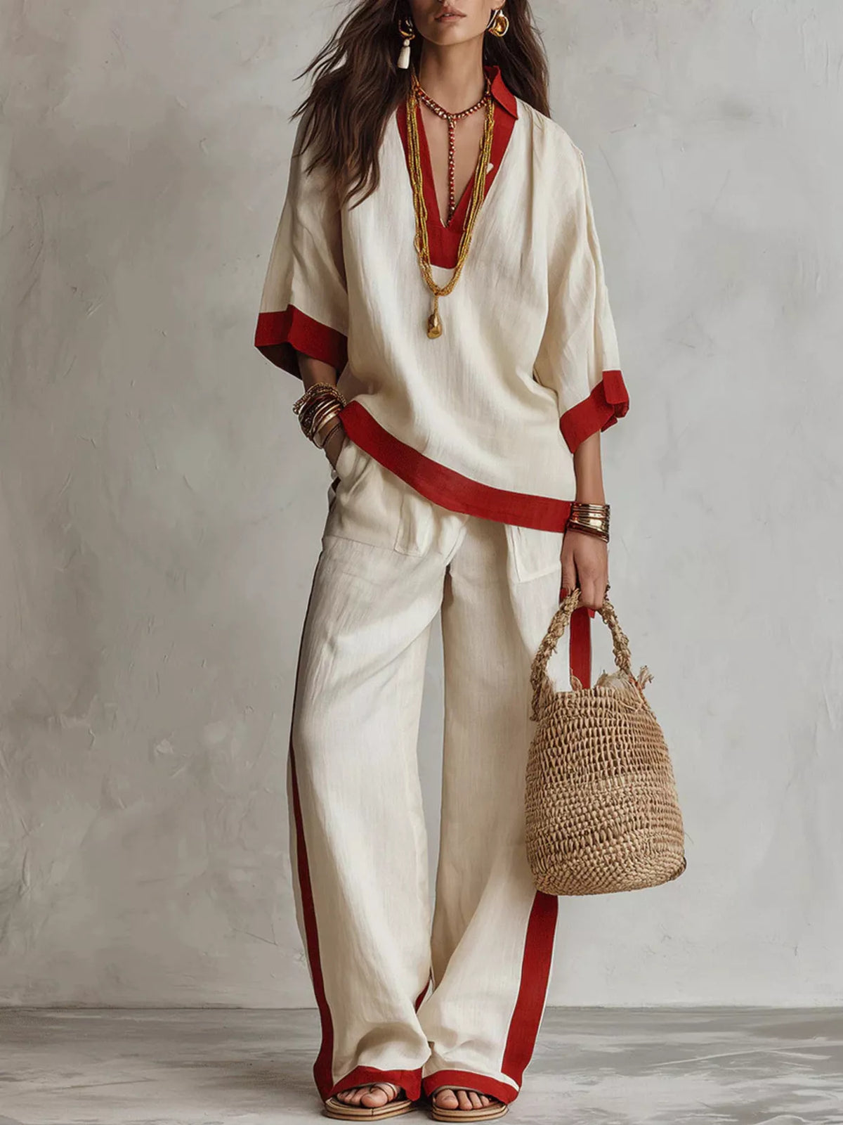 Contrast-Trim Top and Wide-Leg Pants Set