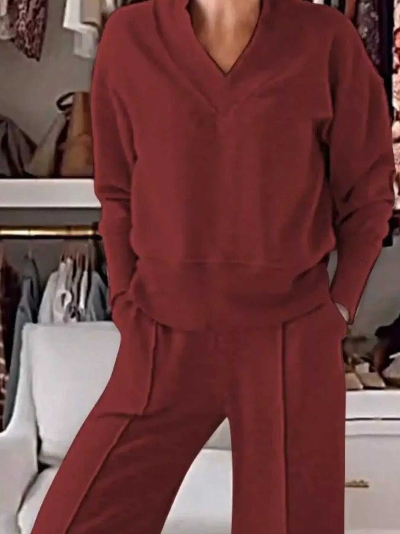 Cozy v-neck top and pants set, plus-size burgundy loungewear with pockets