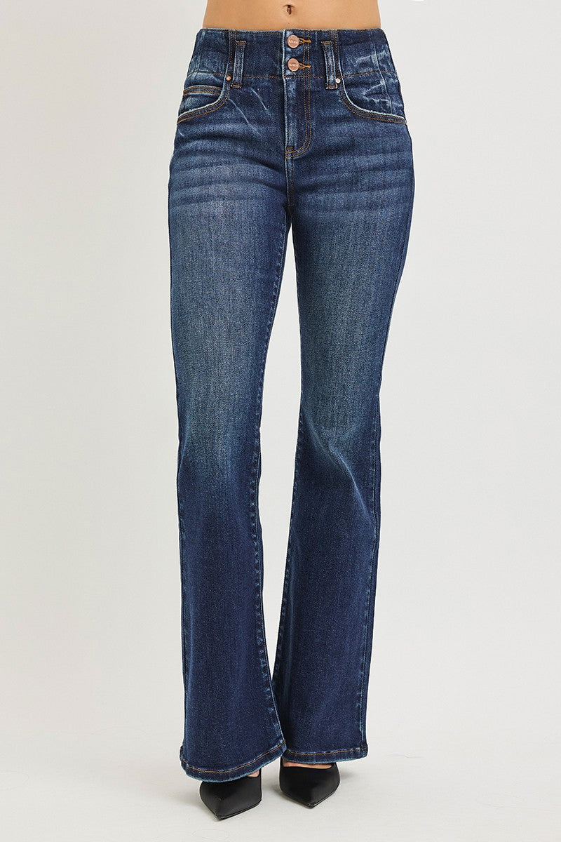 RISEN high-rise flare jeans with seam-detail waistband, dark blue denim, front pockets, copper buttons, Trendsi