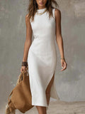 Full Size Sleeveless Mock-Neck Slit Midi Dress Plus Size in ivory, by Bellebijouix