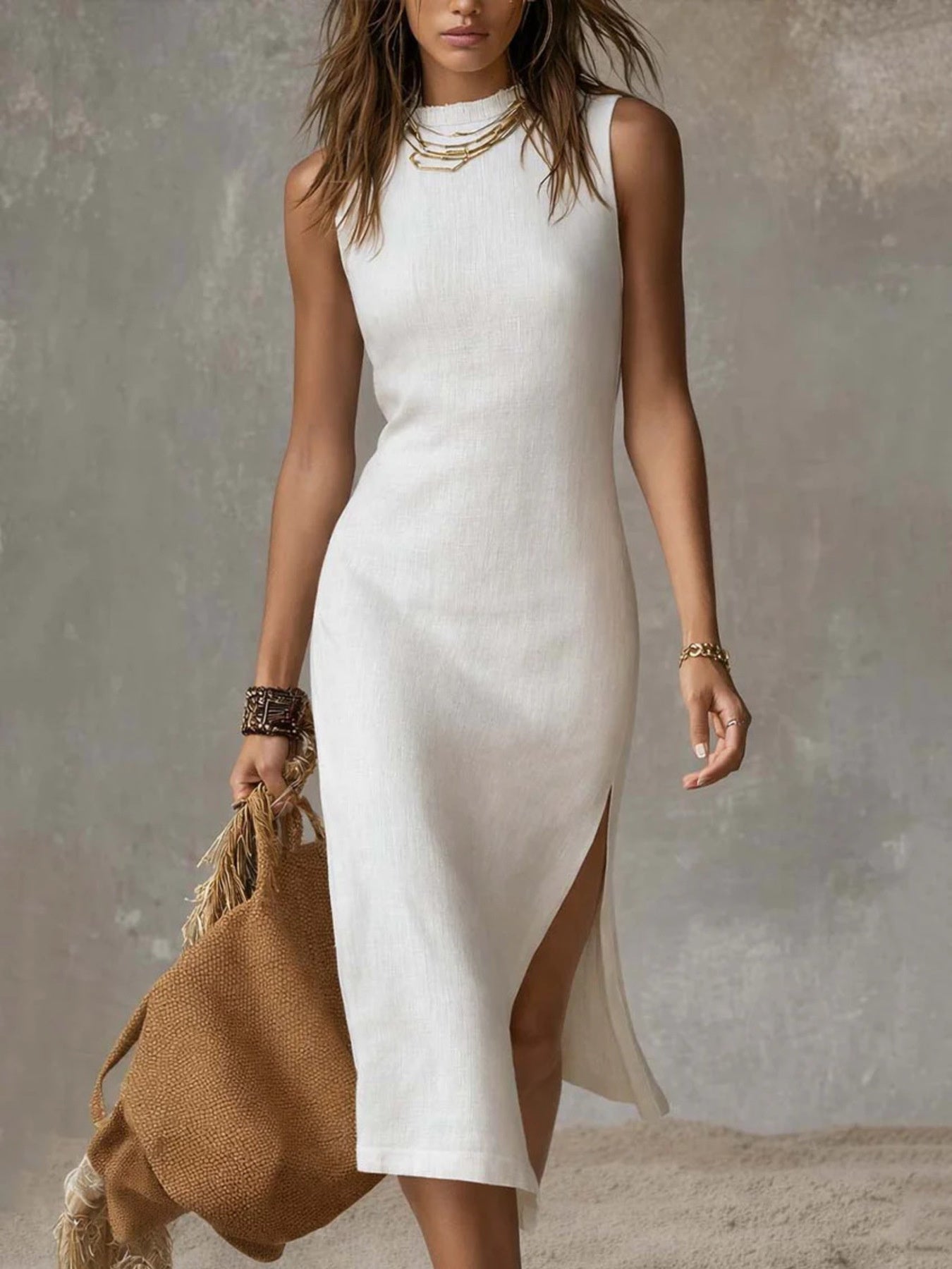 Full Size Sleeveless Mock-Neck Slit Midi Dress Plus Size in ivory, by Bellebijouix