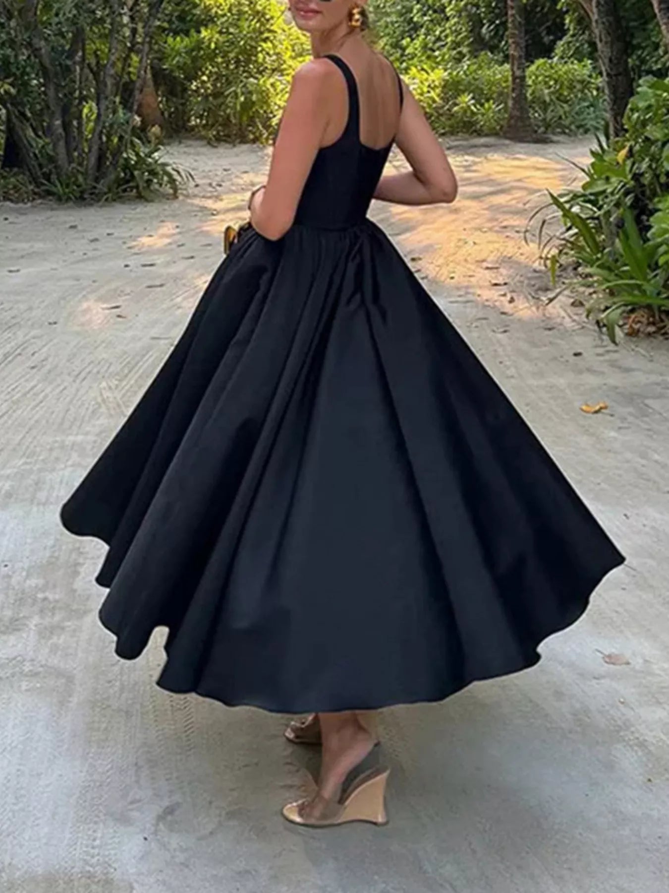 Square Neck A-Line Midi Dress in black with a full, flowing skirt
