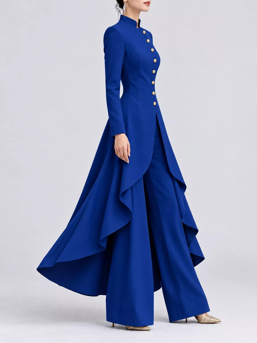 Ruffled High-Low Button Tunic & Wide-Leg Pants Set in Blue by Belle Bijouix – view 64 of 82