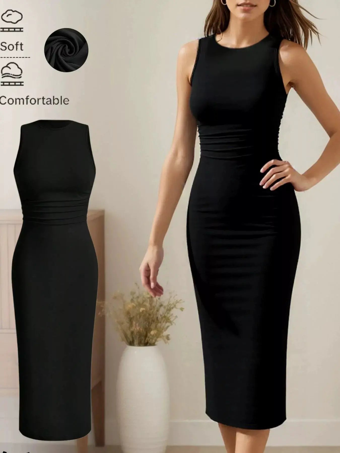 Dresses by Belle Bijouix: two black sleeveless round-neck midi dresses with stretch fabric
