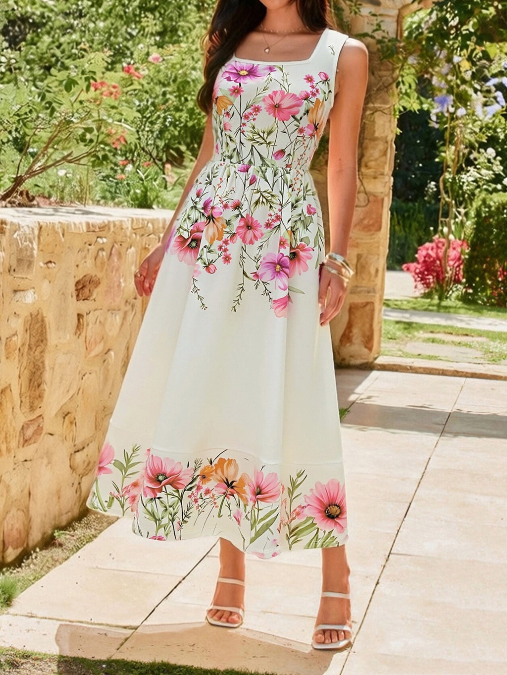 Floral Print Square Neck Dress by Trendsi, white base with pink and orange flowers, sleeveless