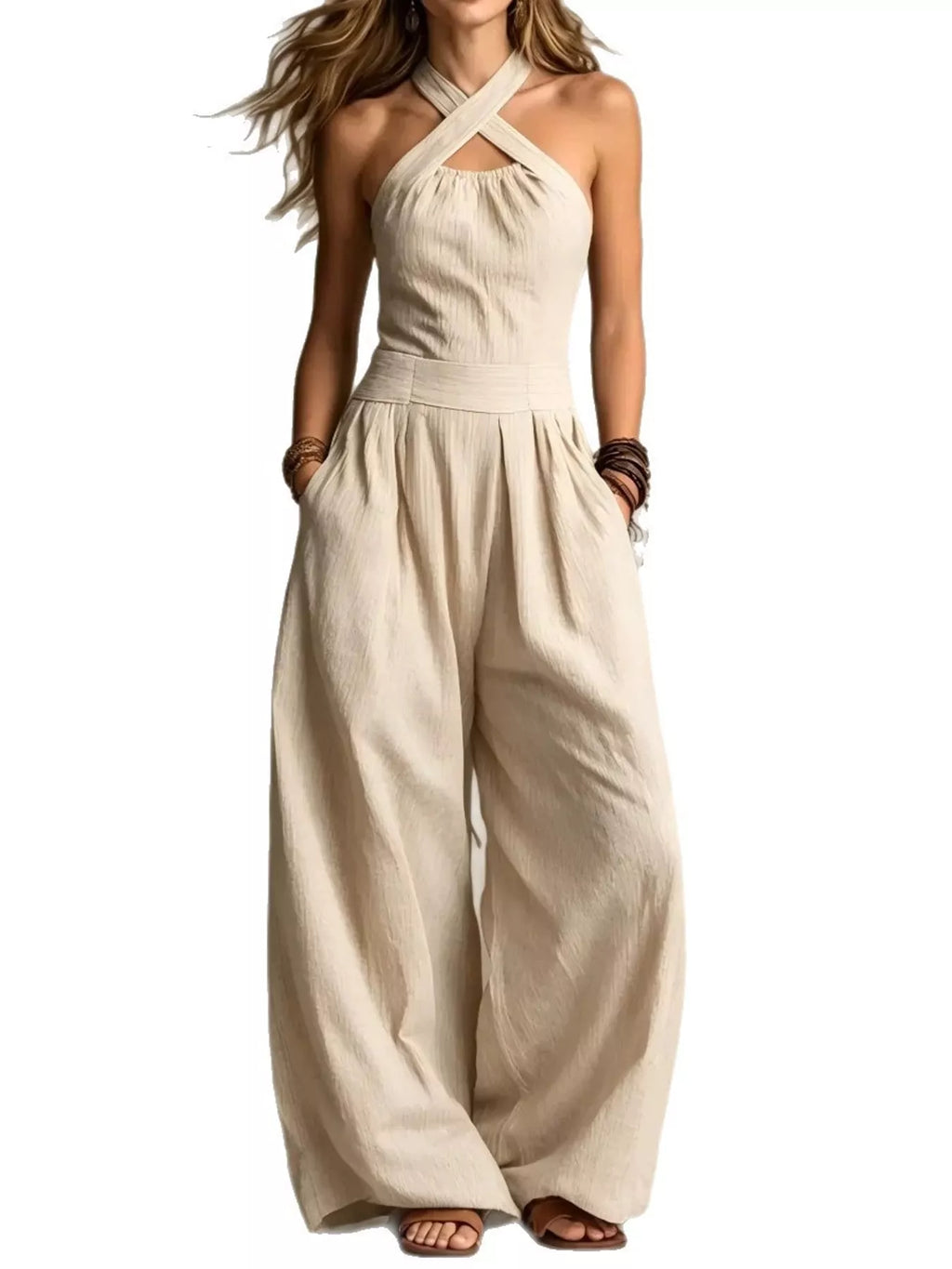 Crisscross Halter Linen Wide-Leg Jumpsuit by Belle Bijouix – view 2 of 45