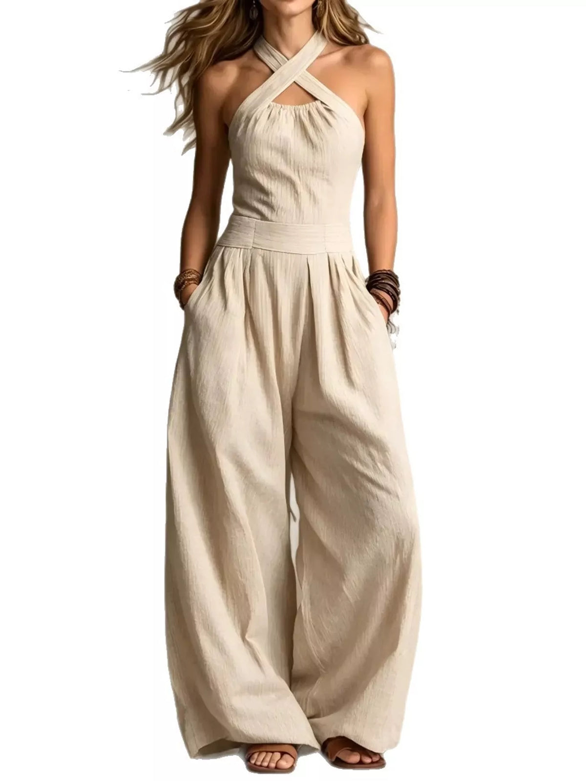 Crisscross Halter Linen Wide-Leg Jumpsuit by Belle Bijouix – view 2 of 45