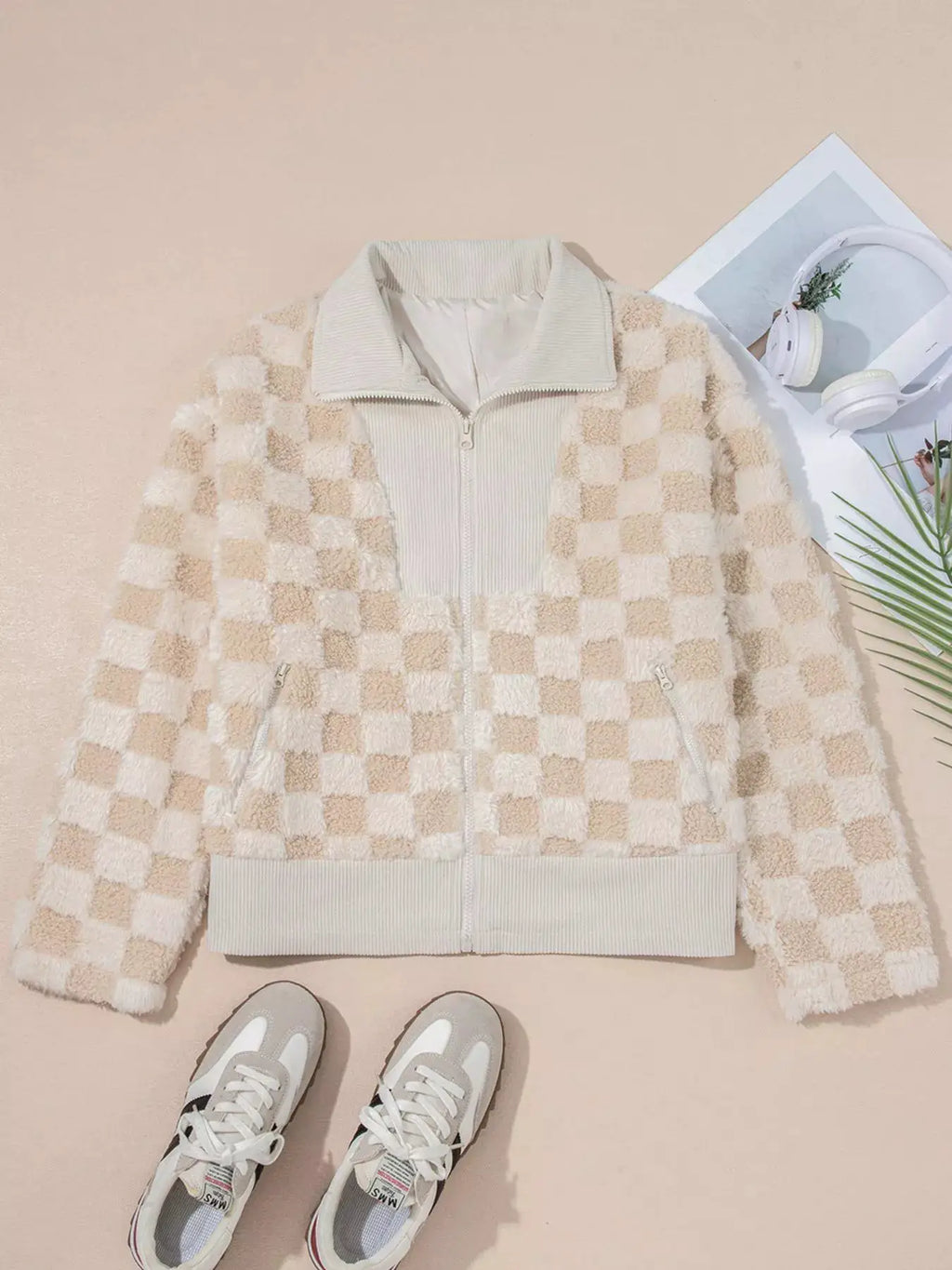 Checker sherpa corduroy patchwork zip-up jacket in beige cream with zip pockets and ribbed cuffs