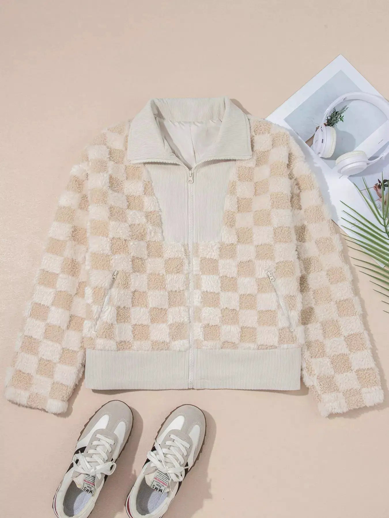Checker sherpa corduroy patchwork zip-up jacket in beige cream with zip pockets and ribbed cuffs