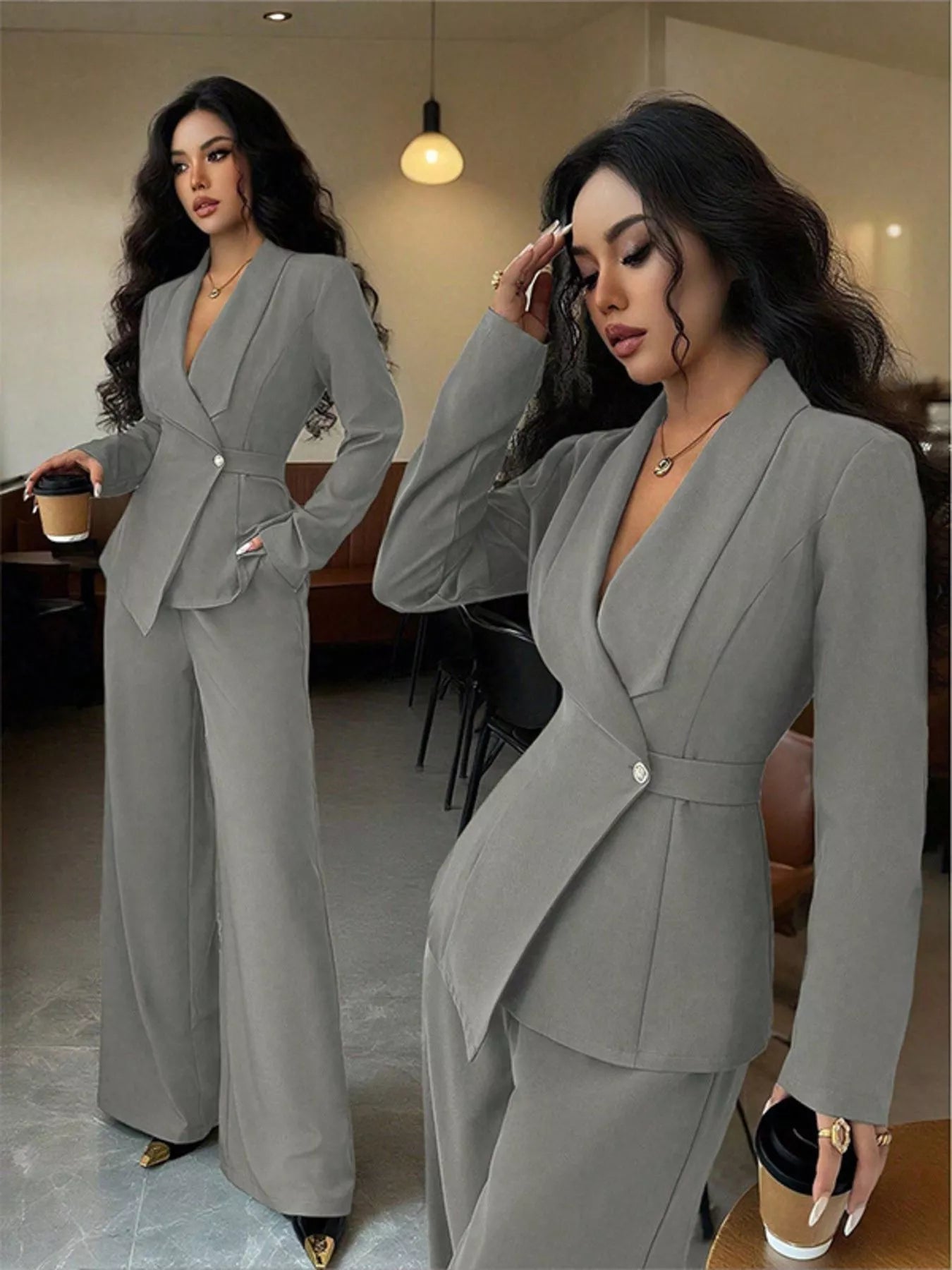 One Button Blazer and Pants Set, gray pantsuit with single button and pockets; two outfits shown.