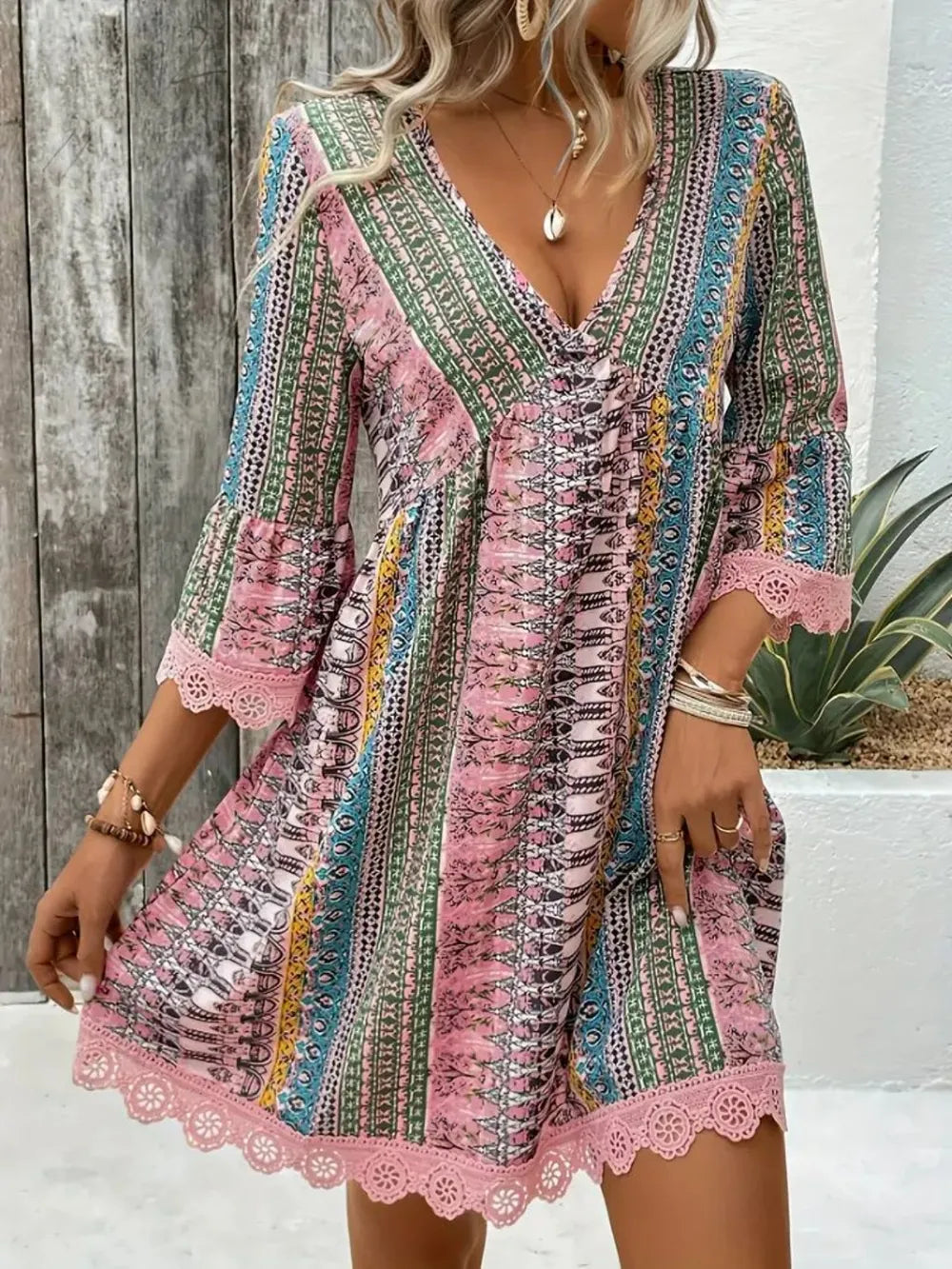Lace Trim Printed V-Neck 3/4 Sleeve Dress by Belle Bijouix in multicolor print with pink lace on hem and cuffs