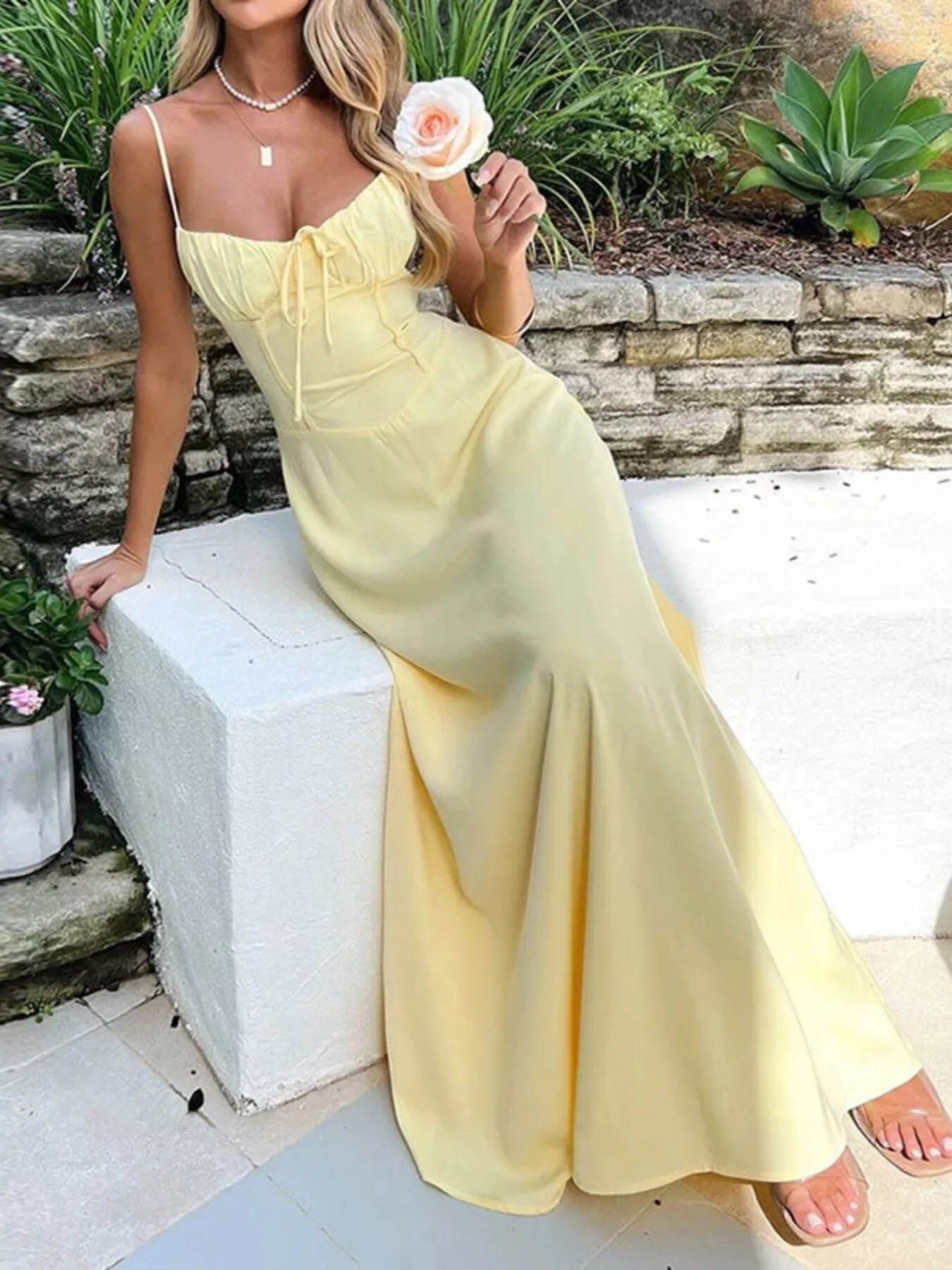 Tie Front Spaghetti Strap Maxi Dress in pale yellow by Trendsi