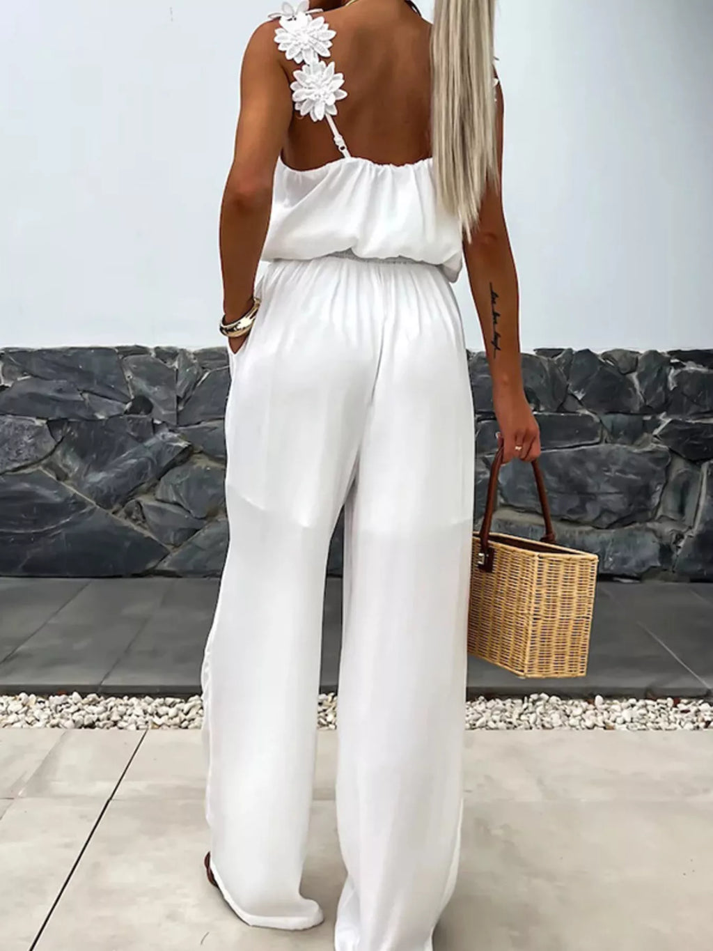 Floral Applique V-Neck Wide-Leg Jumpsuit, white with floral strap appliqués.