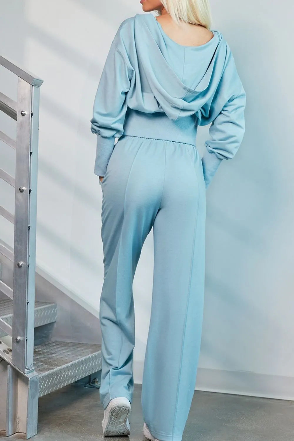 Zip-Up Hoodie and Pants Active Set in light blue, back view featuring drawstring hoodie and matching pants