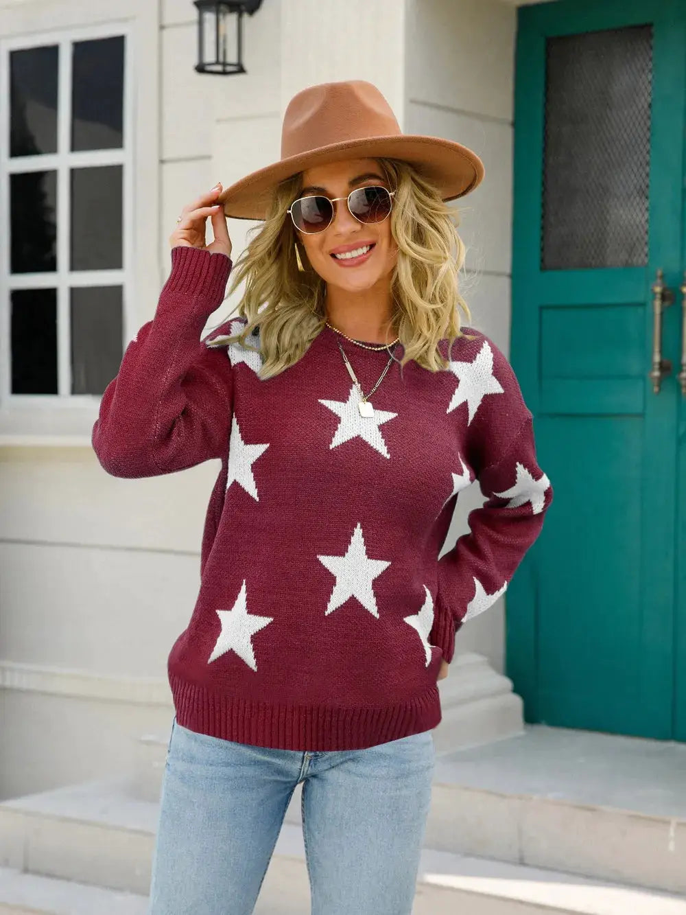 Top Belle Bijoux Angel Wings Star round-neck dropped-shoulder sweater in maroon with white stars