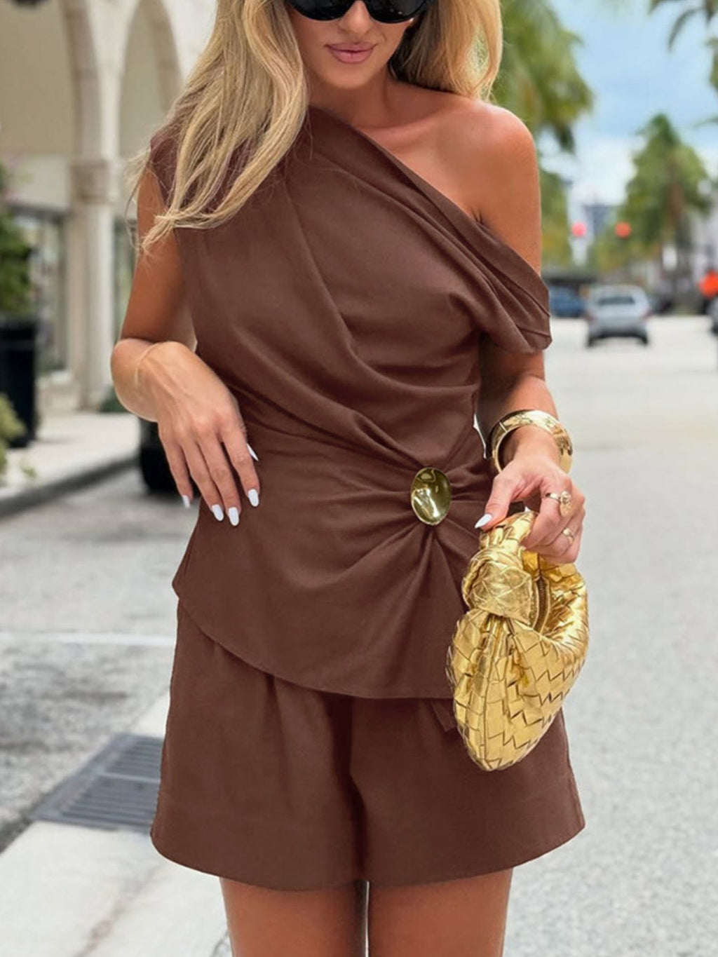 One-Shoulder Top and Shorts Set by Belle Bijouix in brown with ruched, asymmetrical design.