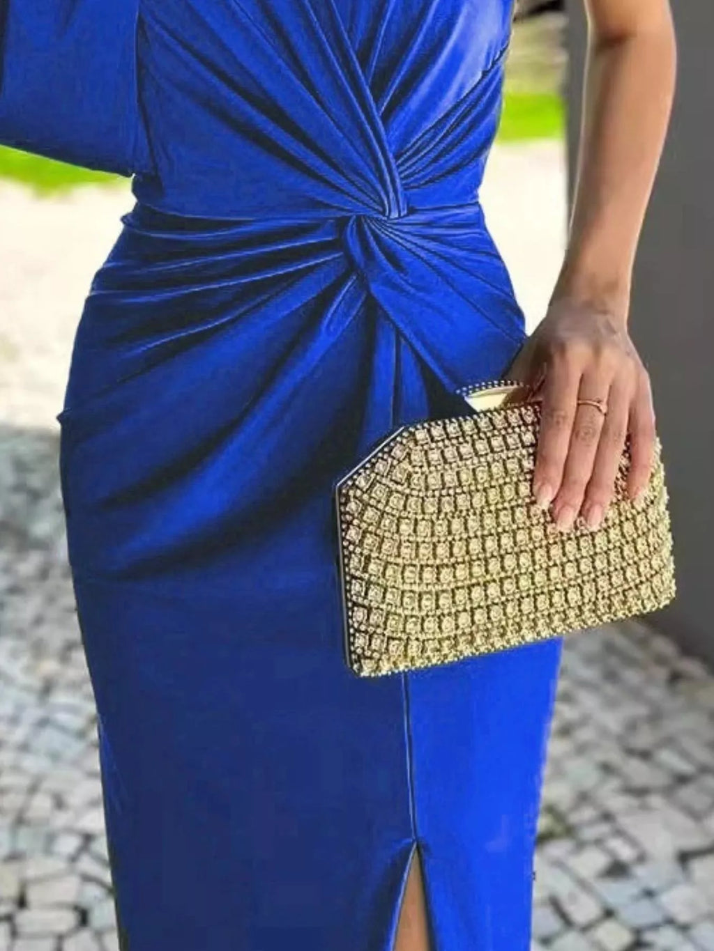 Trendsi blue one-shoulder knot-detail maxi dress with side slit, plus size