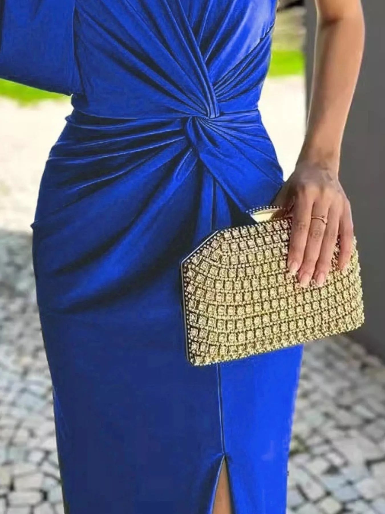 Trendsi blue one-shoulder knot-detail maxi dress with side slit, plus size