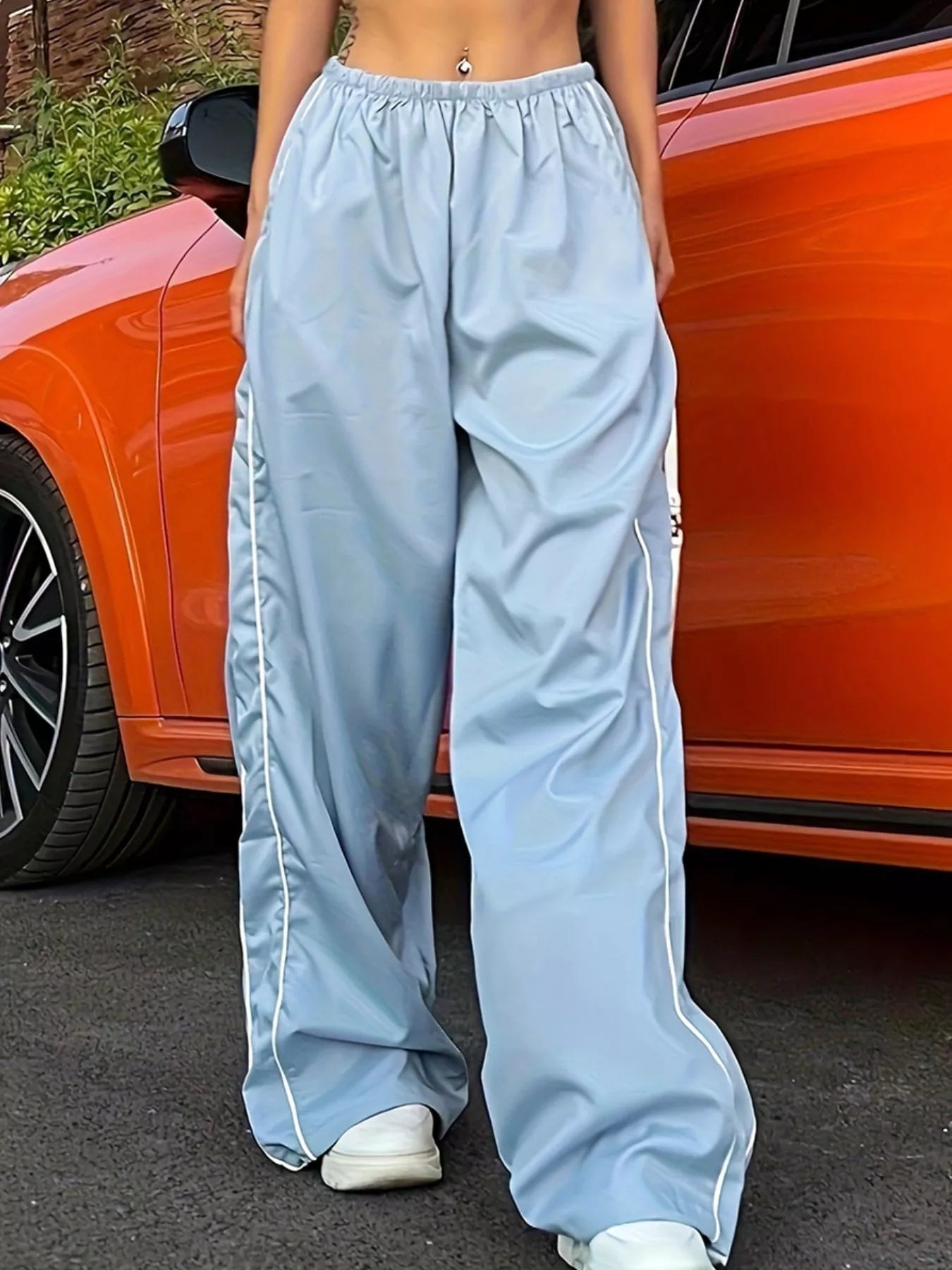 Elastic Waist Wide Leg Pants in light blue with white piping along sides