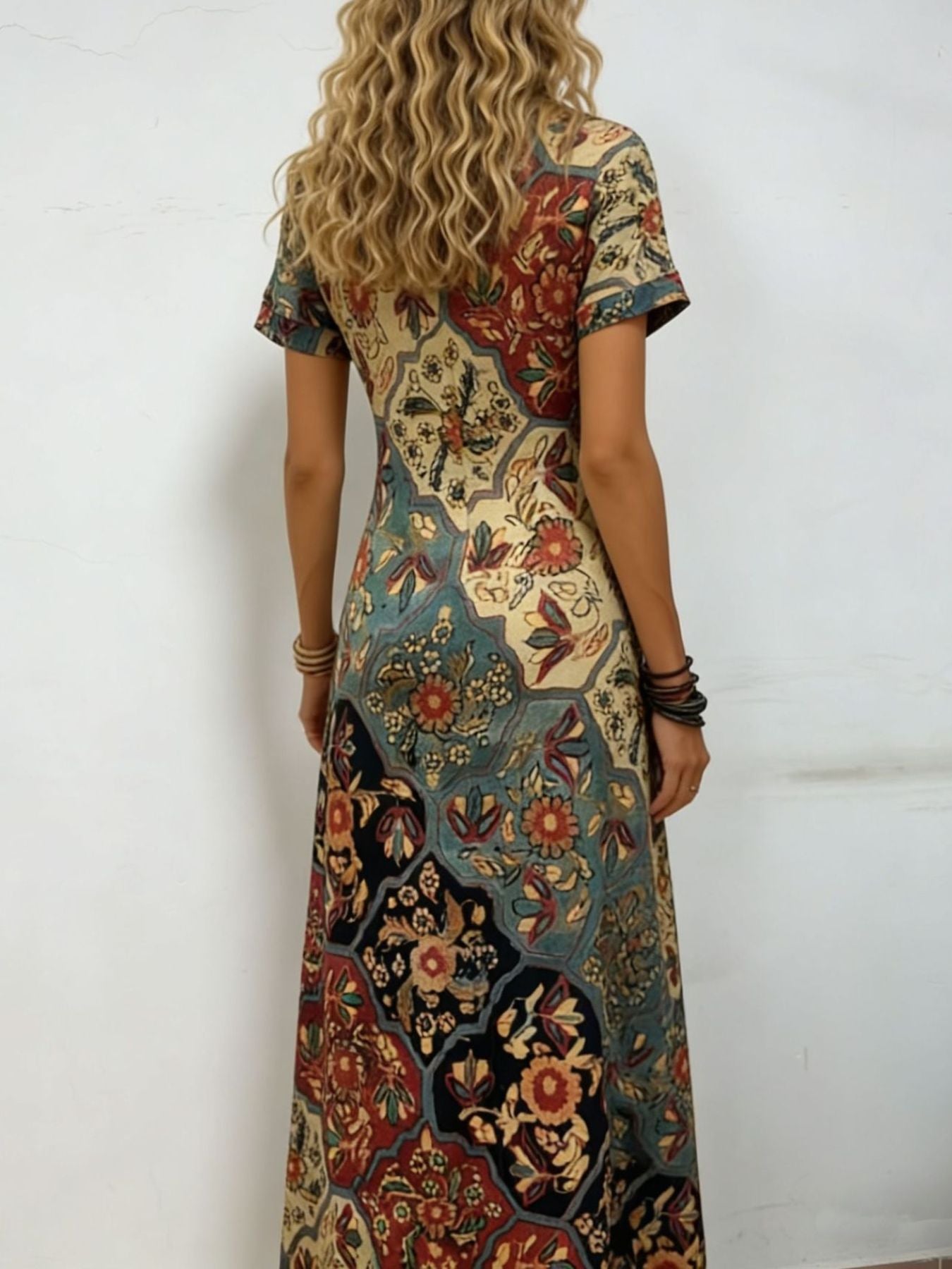 Trendsi printed V-Net Short Sleeve Midi Dress with boho patchwork in blue, red, beige (back view)