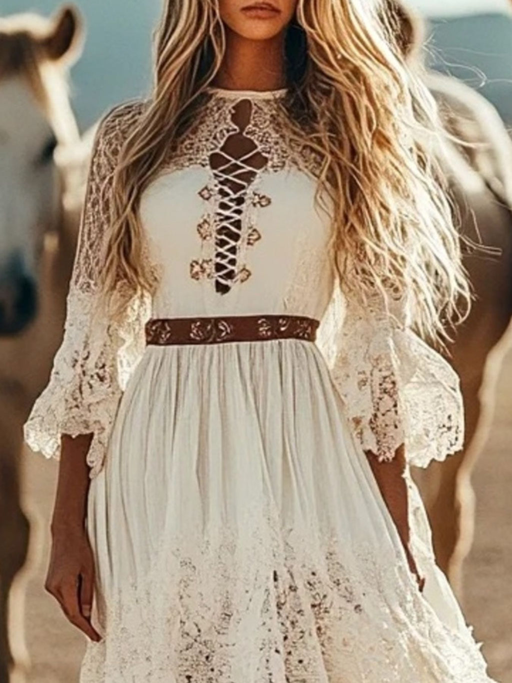 Lace Trimmed High-Low Dress by Trendsi in ivory with lace sleeves and brown belt