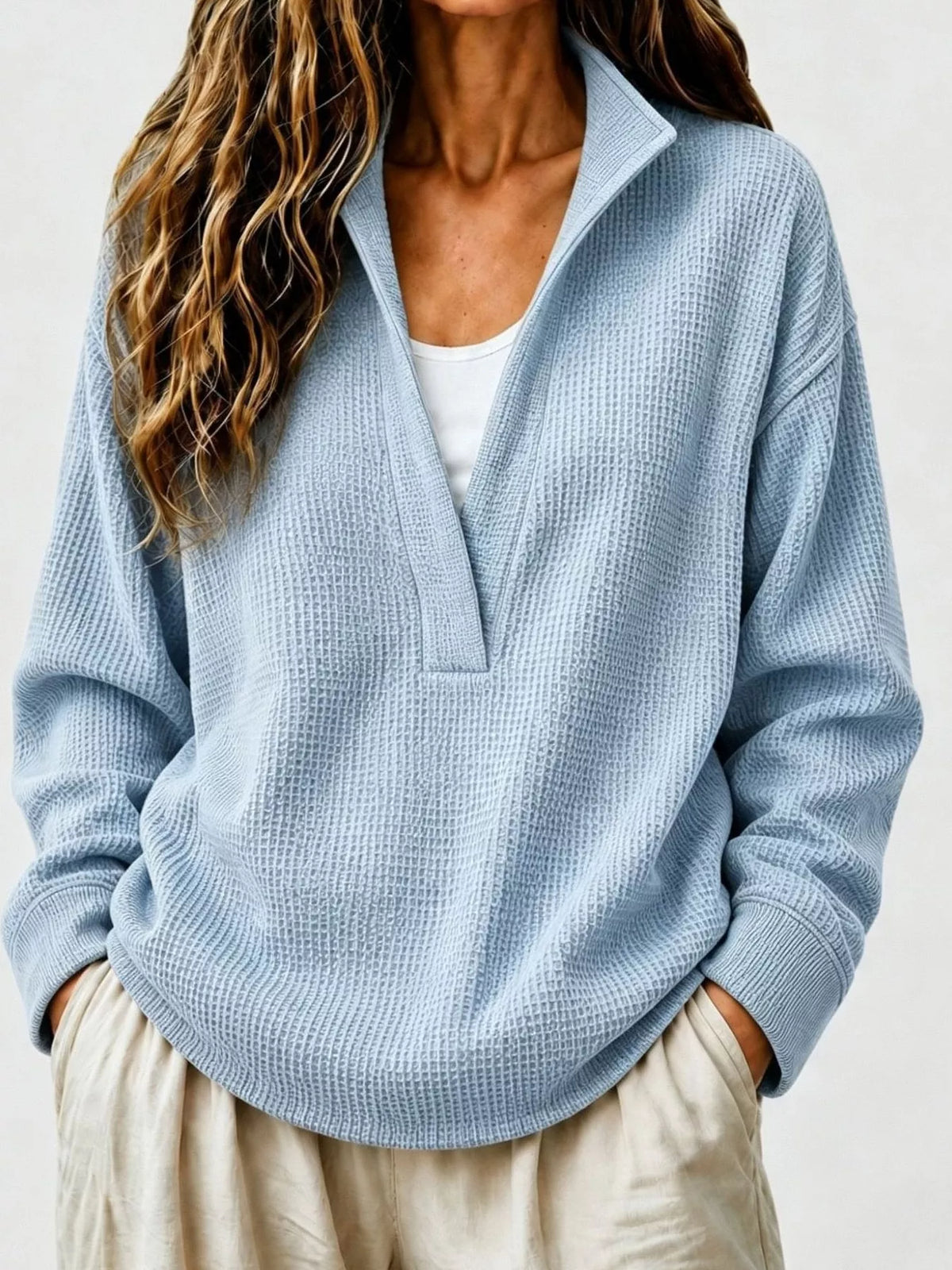 Waffle Knit Dropped Shoulder Sweatshirt