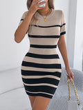 Striped knit bodycon mini dress in beige and black with ribbed fabric, Belle Bijouix