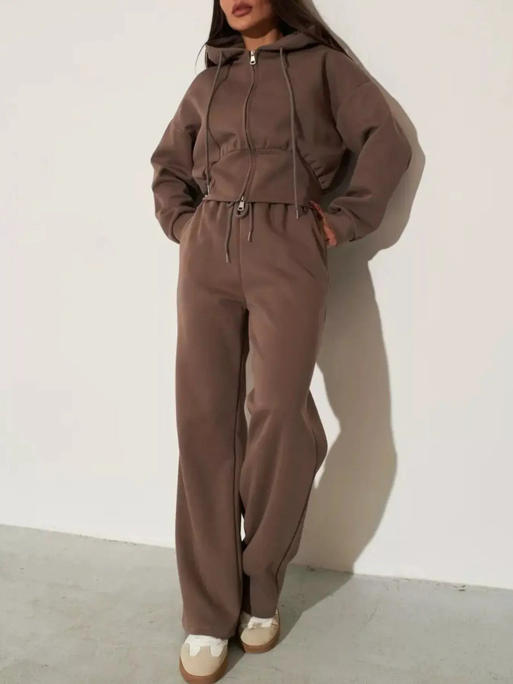 Zip-Up Hoodie & Wide-Leg Pants Set by Belle Bijouix in brown loungewear