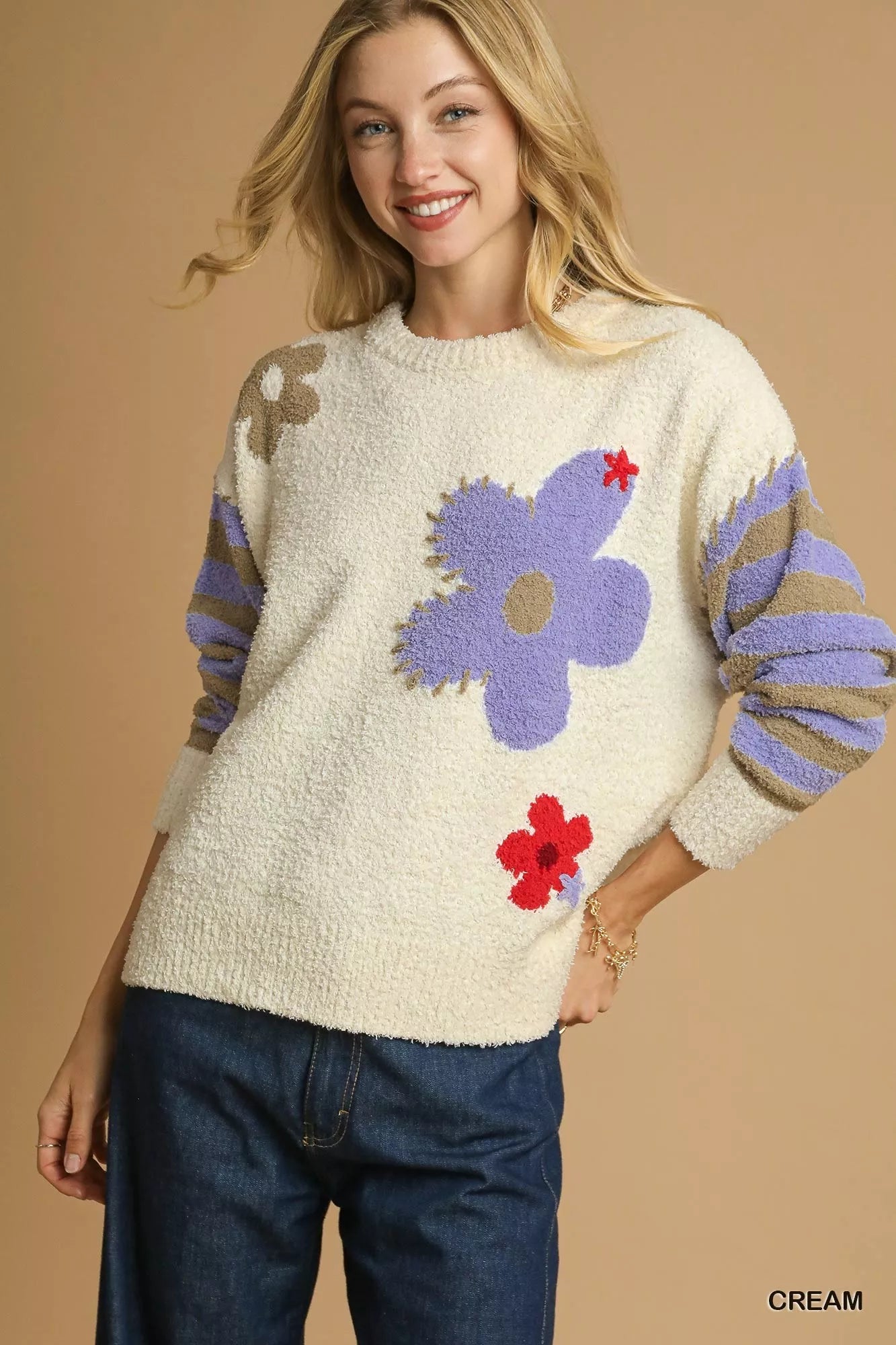 Umgee Flower Jacquard Striped Long Sleeve Sweater in cream with purple floral jacquard.