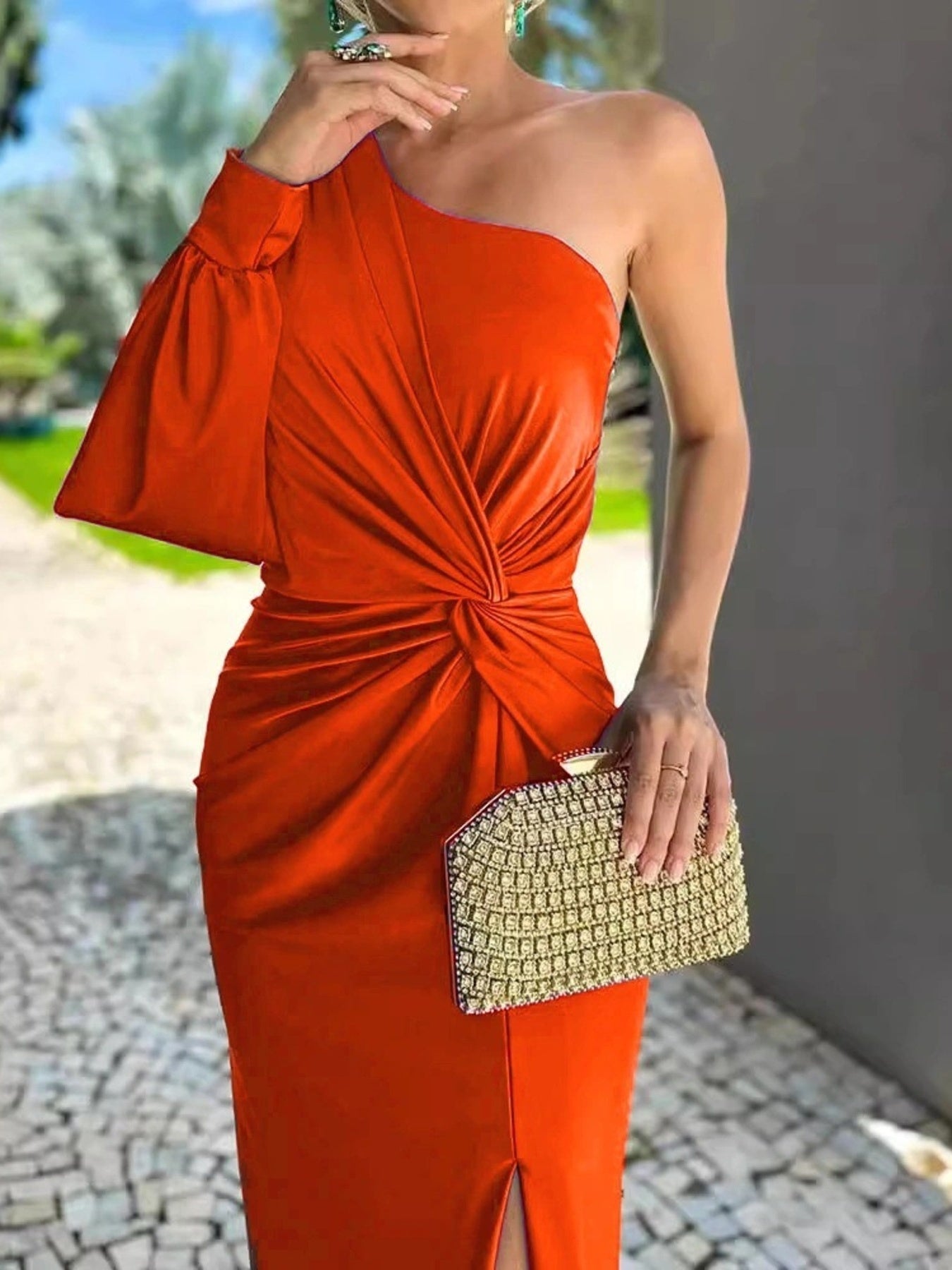 Full Size One-Shoulder Knot Detail Slit Maxi Dress Plus Size in orange by Trendsi