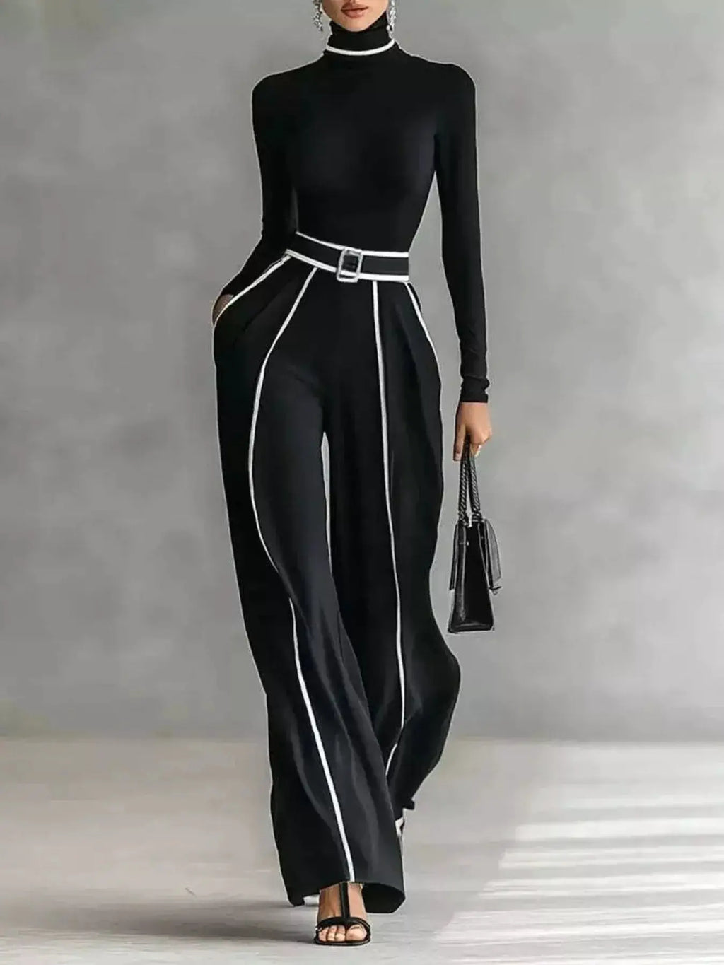 Turtleneck Long Sleeve Top and Contrast Pants Set by Trendsi in black with white piping and belted waist.