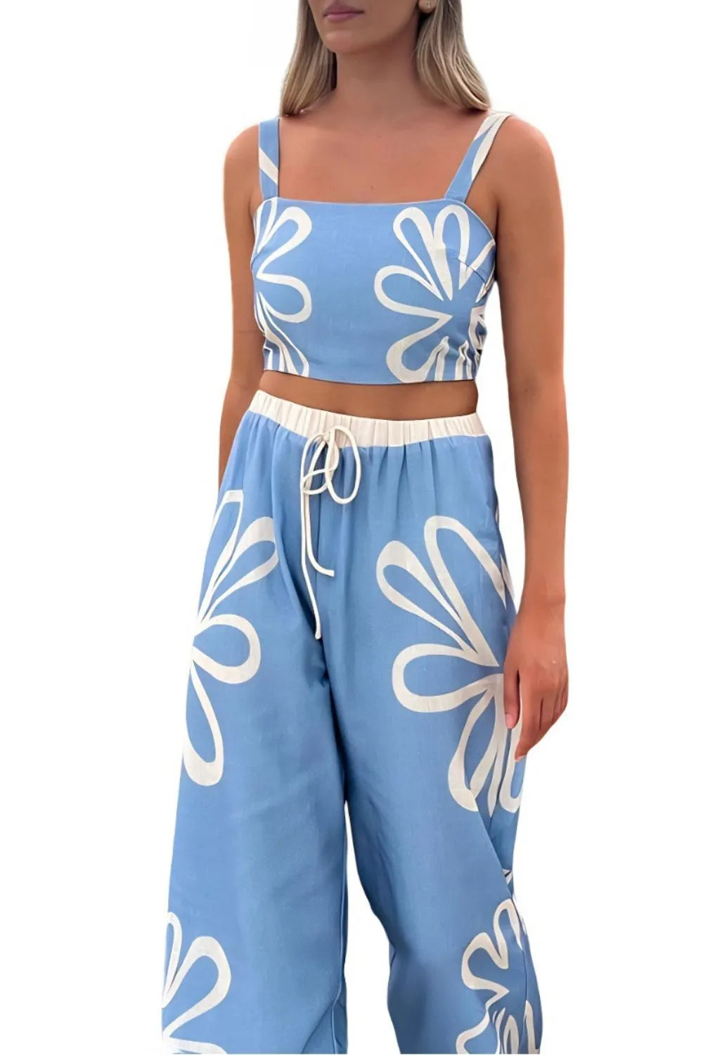 Smocked Square Neck Cami and Pants Set in blue with white abstract floral print