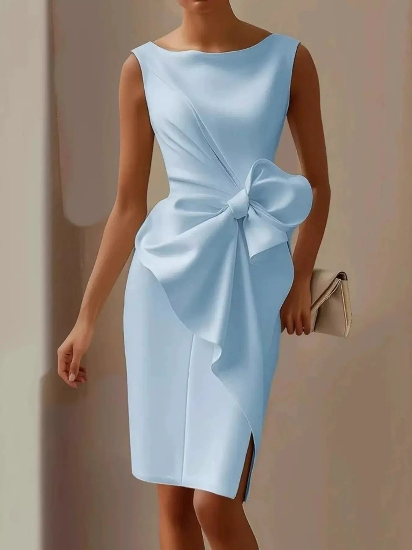Dress light blue sleeveless with bow detail, ruched silhouette and side slit; 100% polyester.