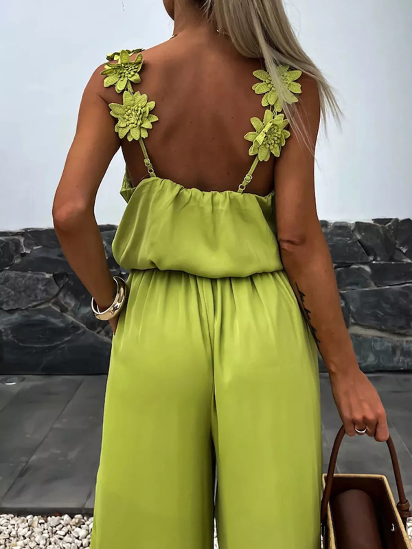 Floral Applique V-Neck Wide-Leg Jumpsuit in lime green with large shoulder flower appliques