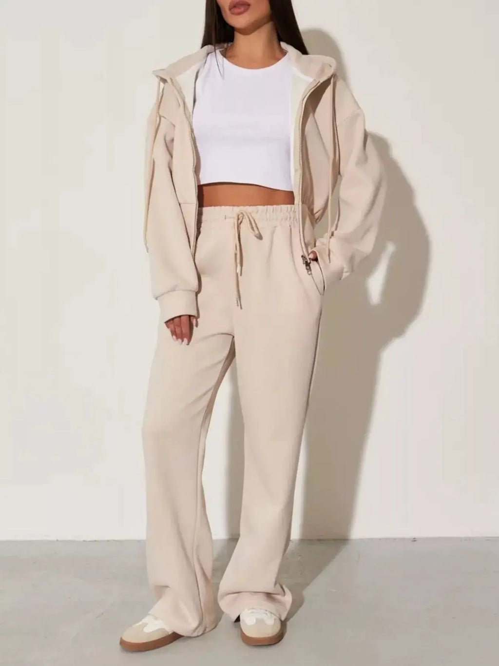Zip-Up Hoodie & Wide-Leg Pants beige lounge set for women; comfy activewear.