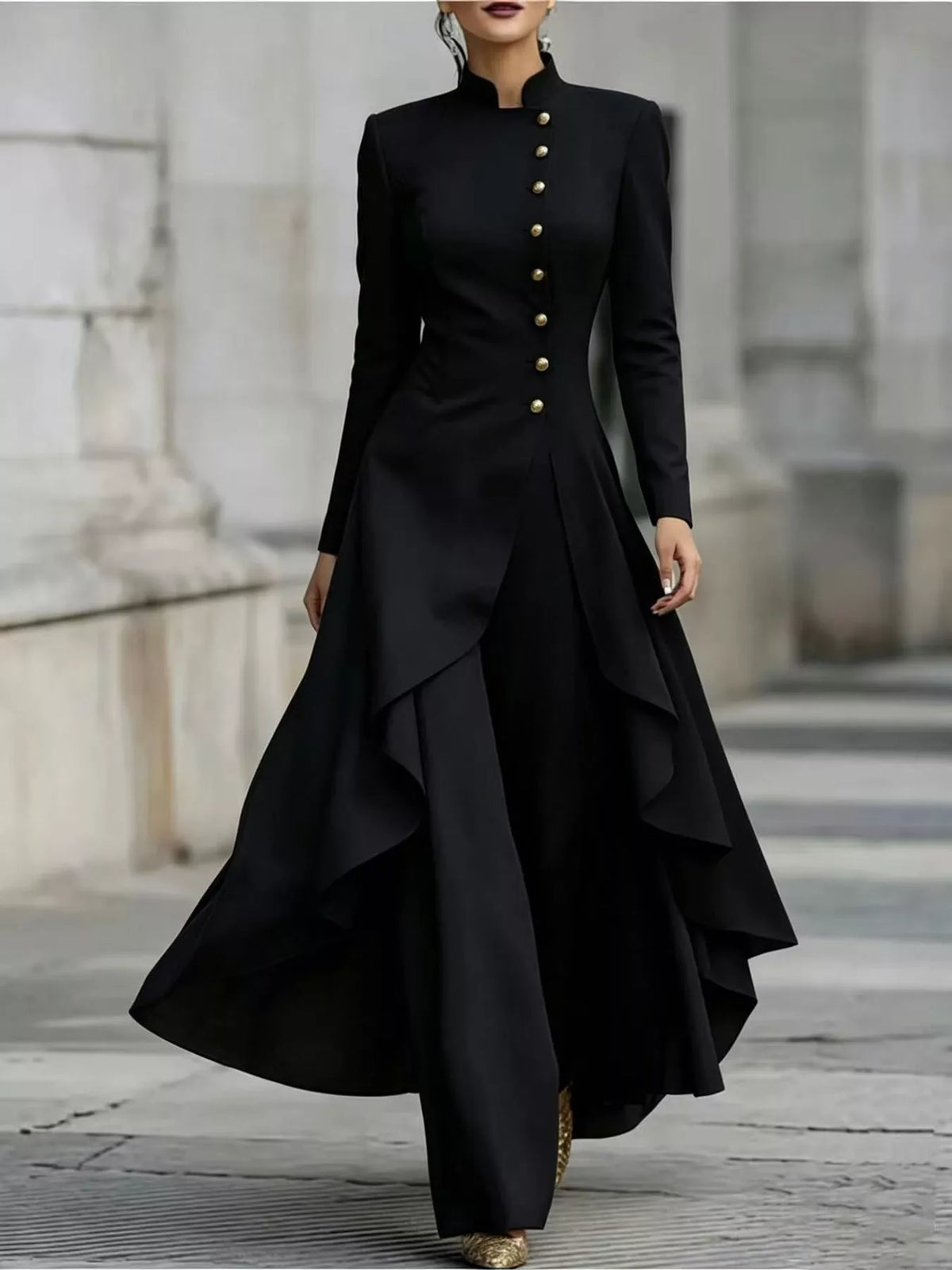 Ruffled High-Low Button Tunic & Wide-Leg Pants Set in Black by Belle Bijouix – view 10 of 82