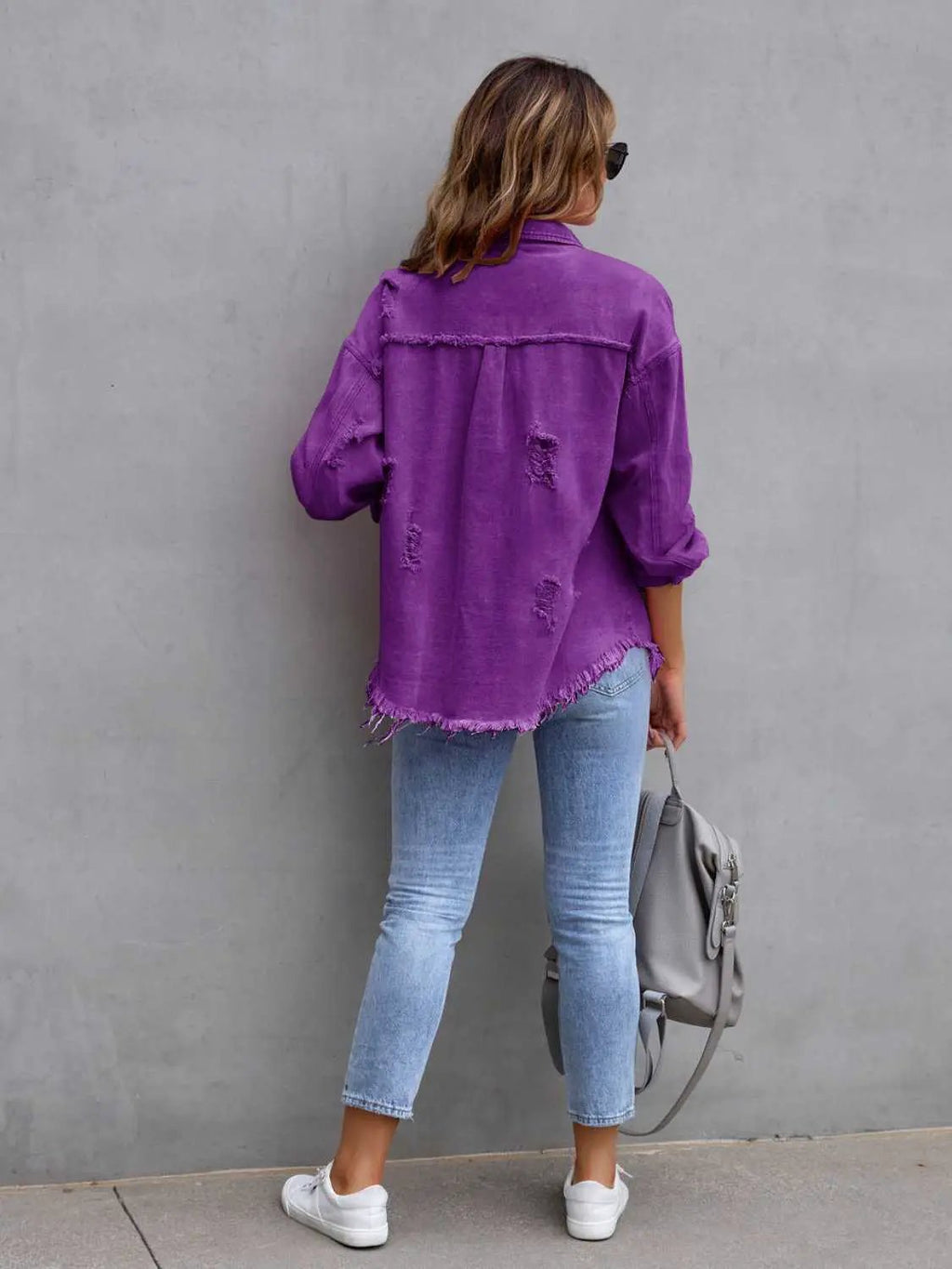 Distressed Drop Shoulder Denim Jacket in purple with frayed hem