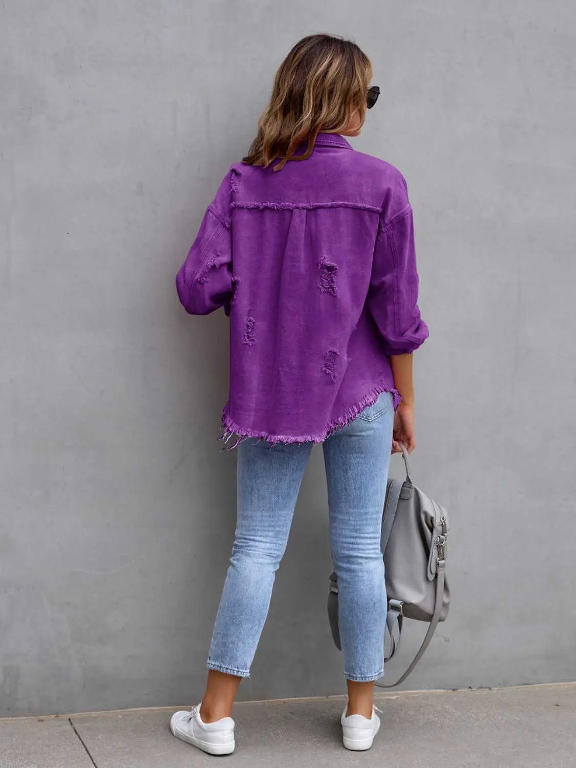 Distressed Drop Shoulder Denim Jacket in purple with frayed hem