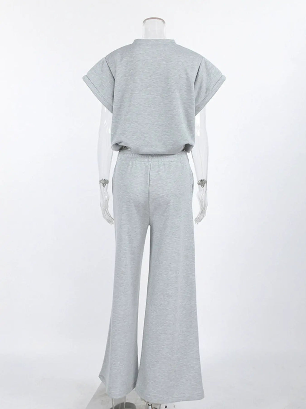 Round-neck top and wide-leg pants set in heather grey, activewear outfit shown from back