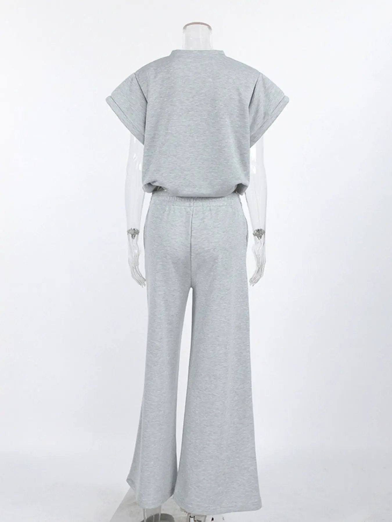 Round-neck top and wide-leg pants set in heather grey, activewear outfit shown from back