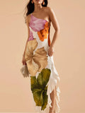 Trendsi Floral Print Single Shoulder Maxi Dress; vibrant pink, orange and beige floral pattern with tropical vibes
