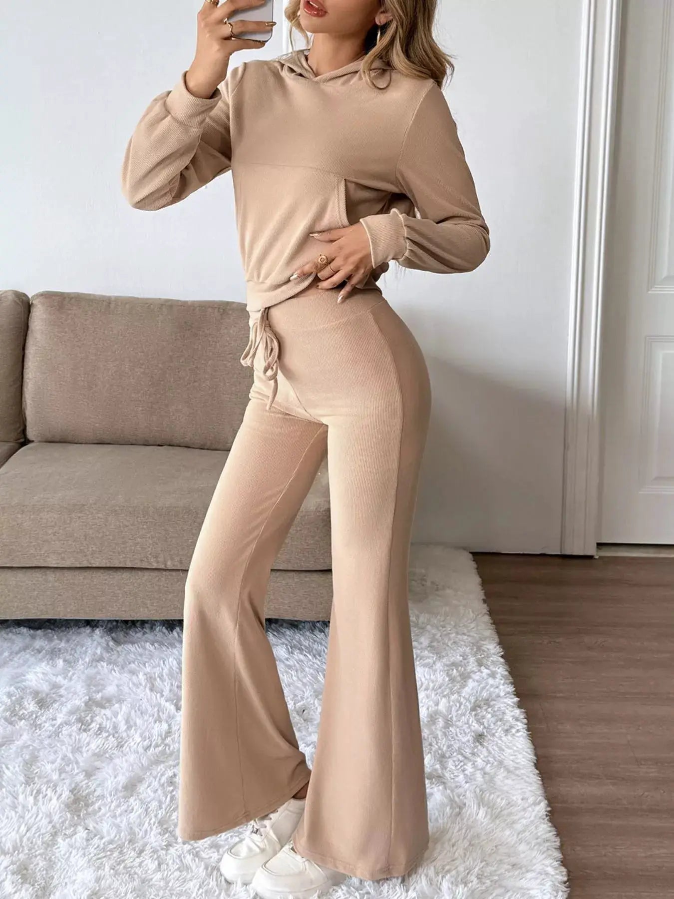 Long Sleeve Hoodie and Pants Set, beige knit two-piece loungewear with drawstring waist.