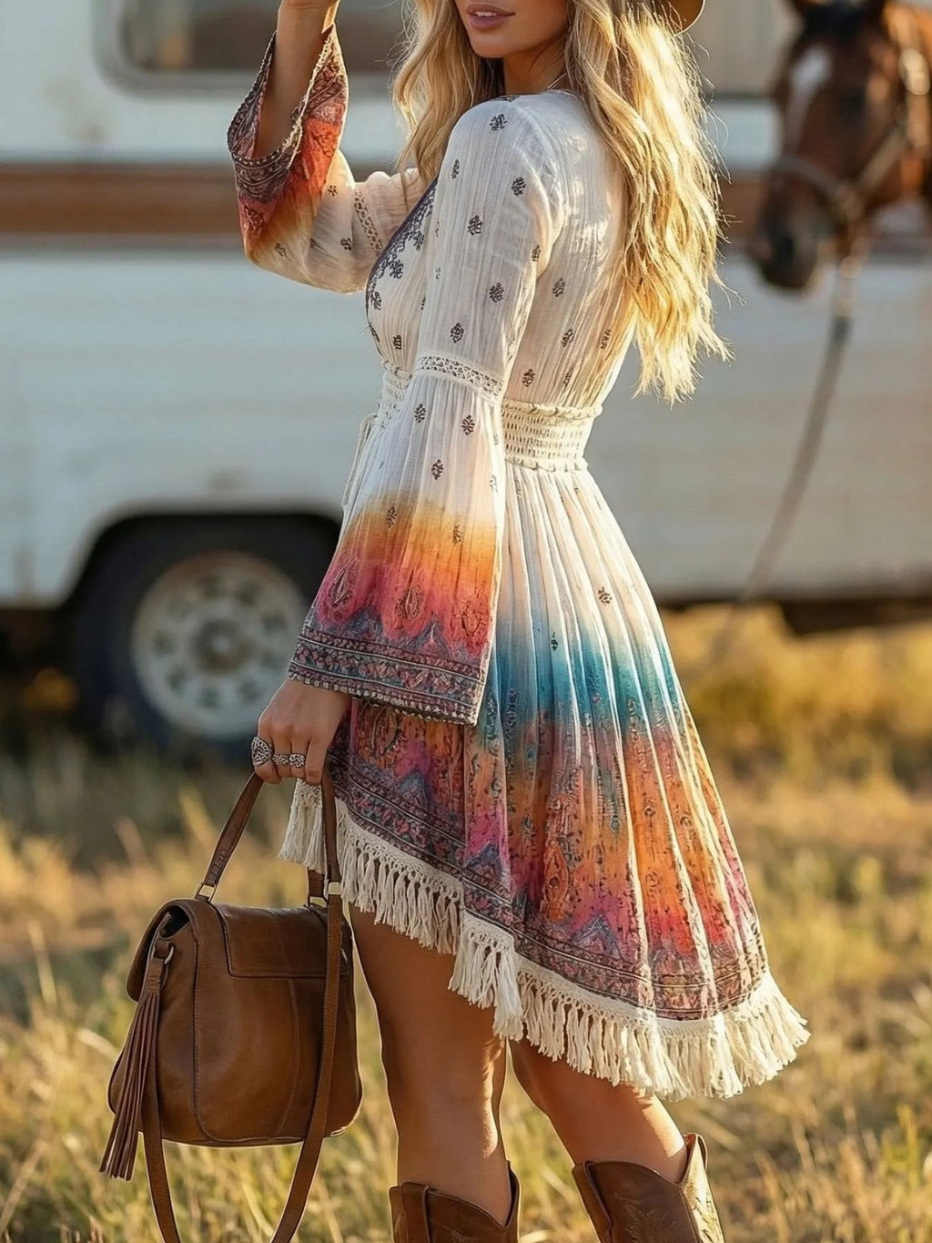 Fringe Hem V-Neck Dress by Trendsi, cream-to-ombre gradient with tassel fringe and long sleeves