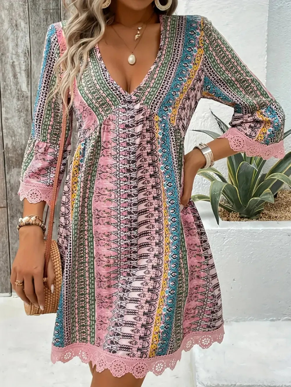 Lace Trim Printed V-Neck 3/4 Sleeve Dress in pink, green, and blue with pink lace hem
