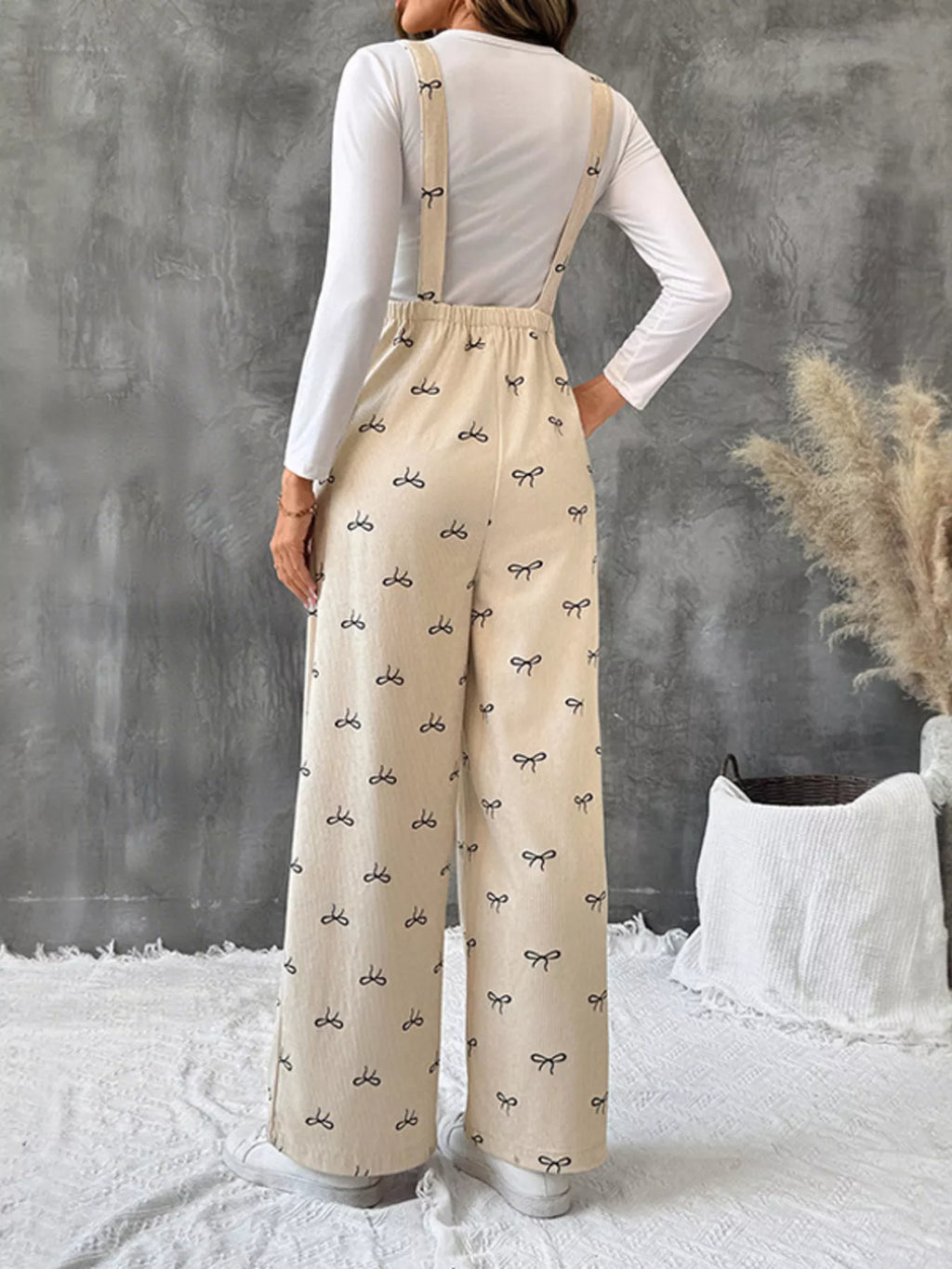 Bow Wide Leg Corduroy Overalls, beige with pockets