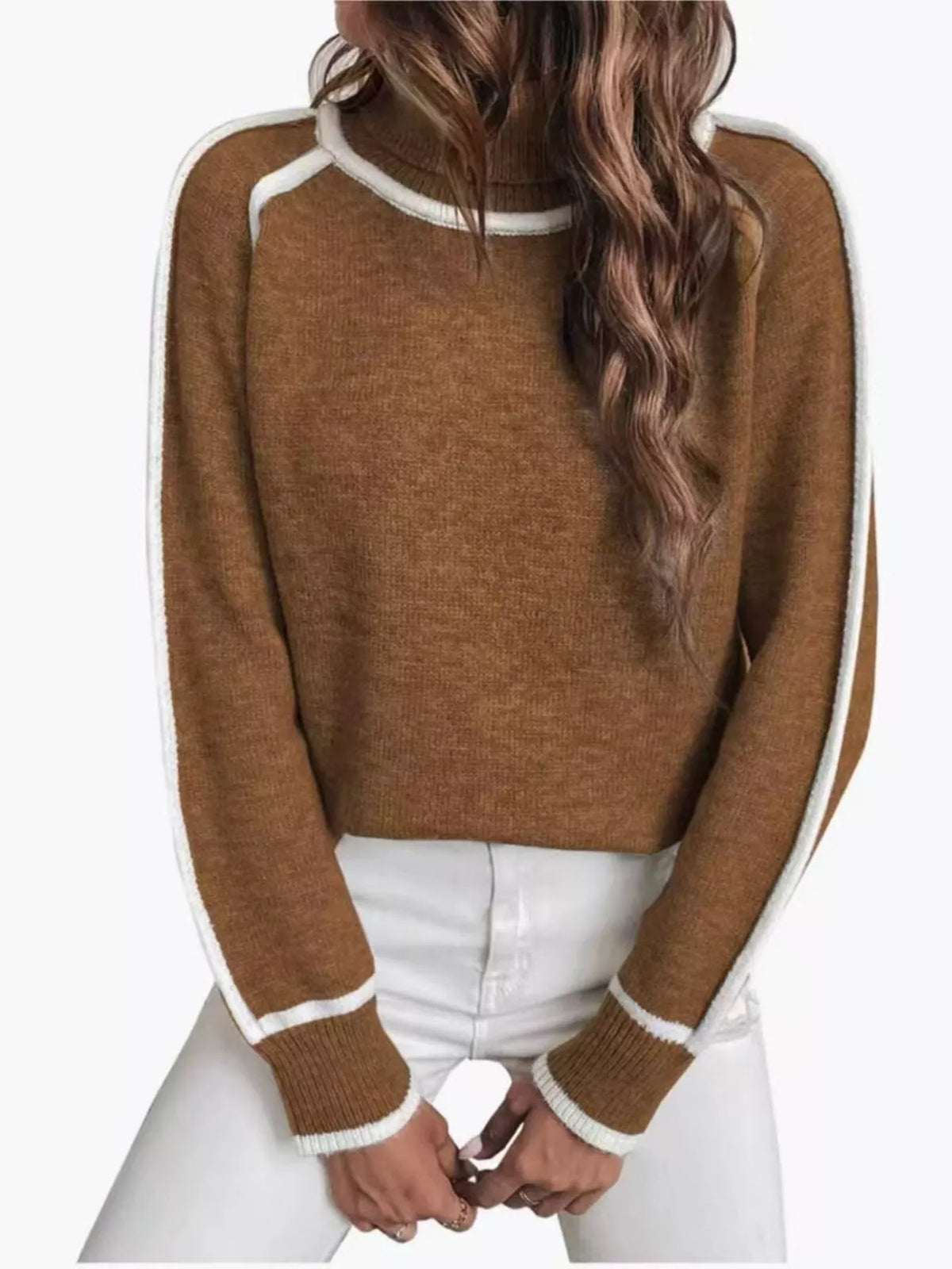Front view of dark brown turtleneck sweater with white contrast trim